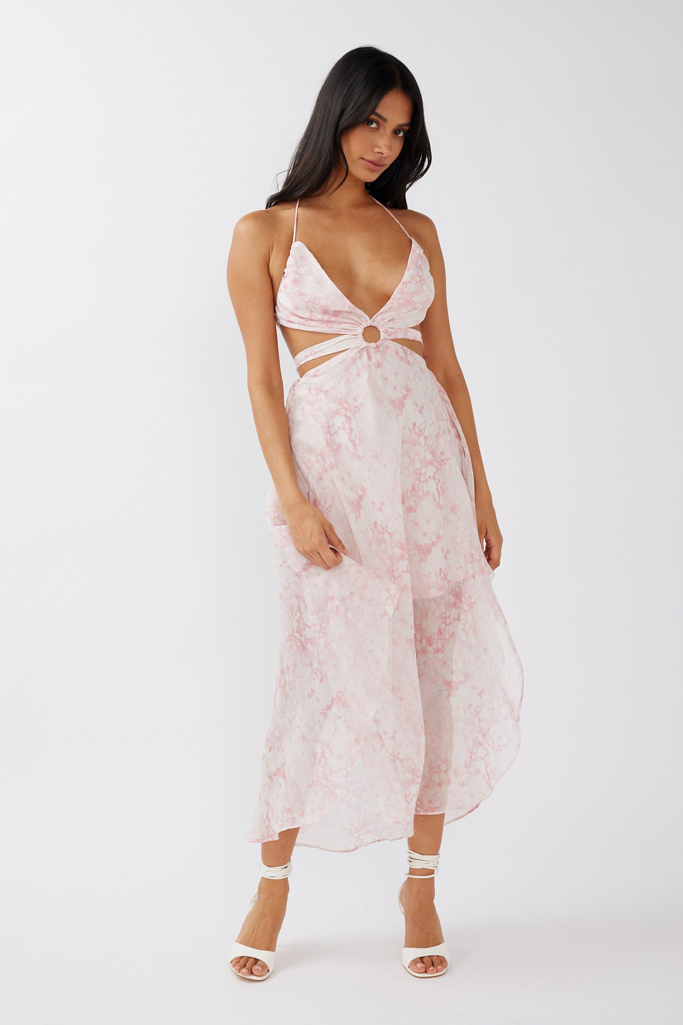 Samia Cut-Out Halterneck Midi Dress Print Blush-Maymioy