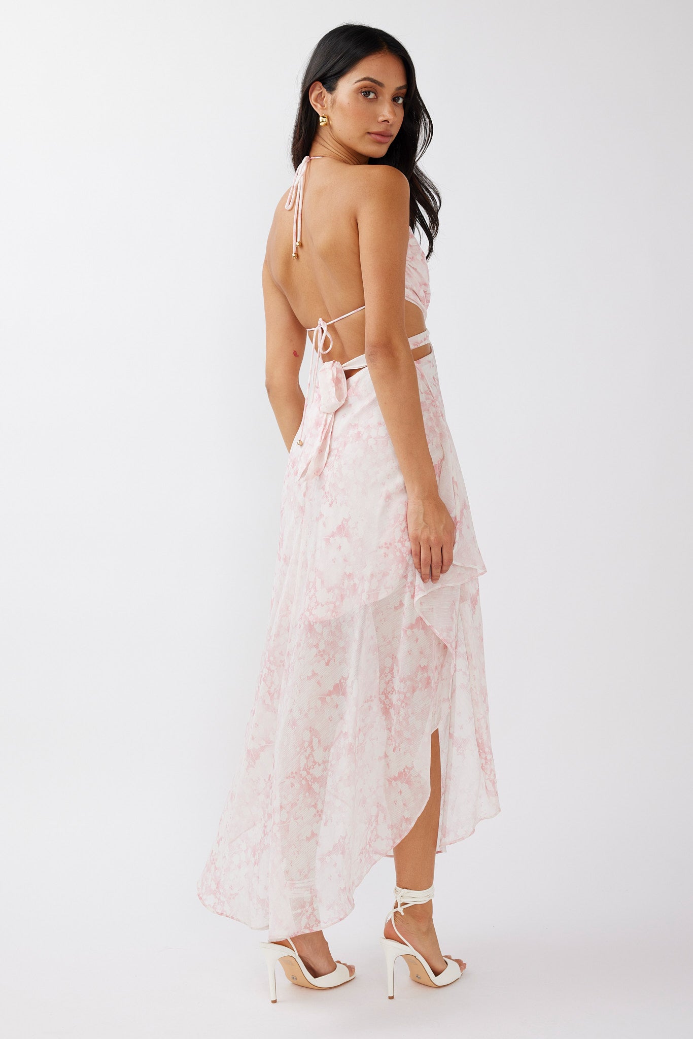 Samia Cut-Out Halterneck Midi Dress Print Blush-Maymioy