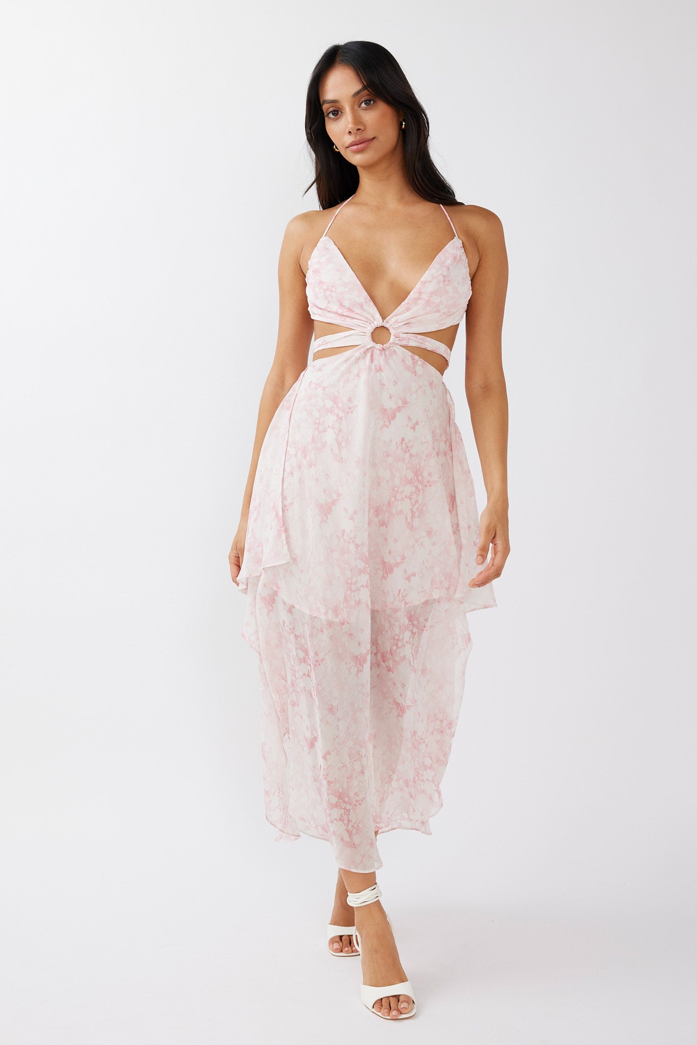 Samia Cut-Out Halterneck Midi Dress Print Blush-Maymioy