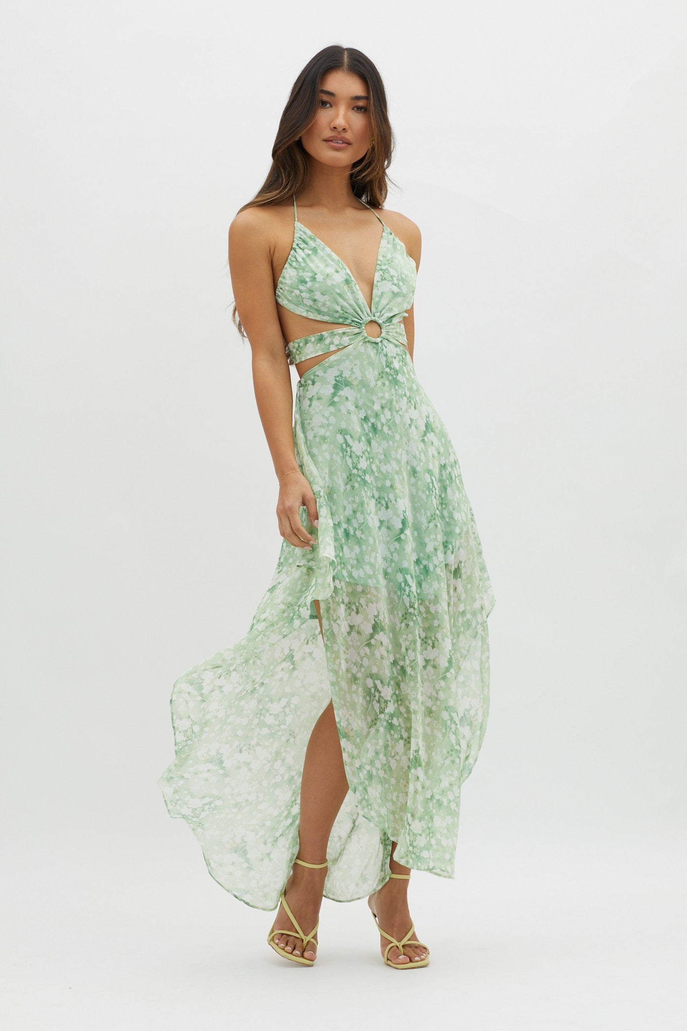 Samia Cut-Out Halterneck Midi Dress Print Green-Maymioy