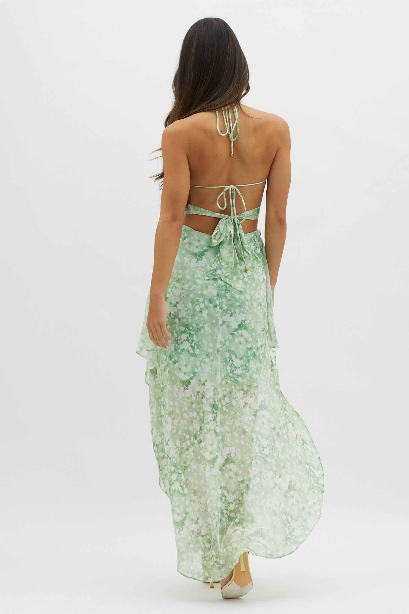 Samia Cut-Out Halterneck Midi Dress Print Green-Maymioy