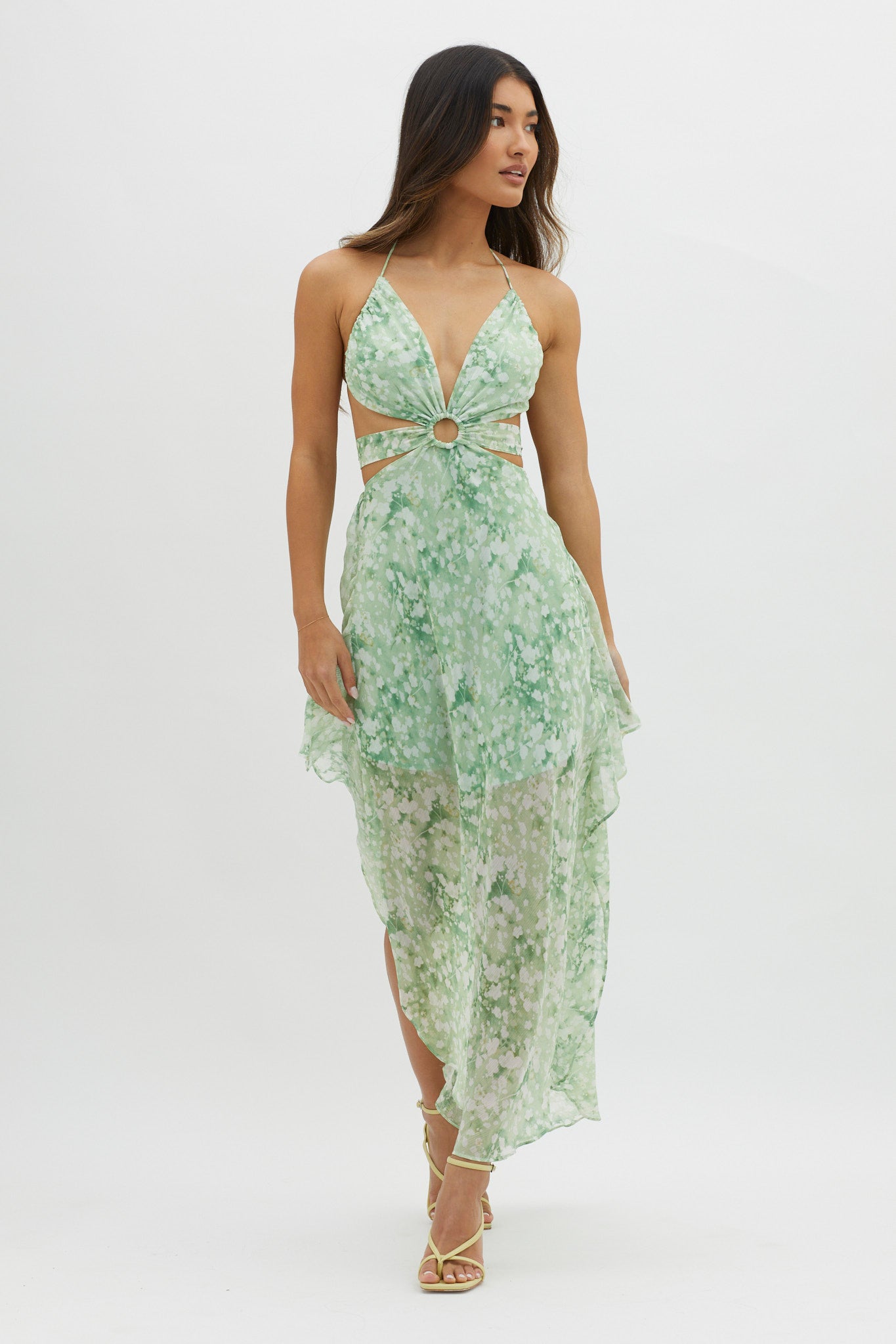 Samia Cut-Out Halterneck Midi Dress Print Green-Maymioy