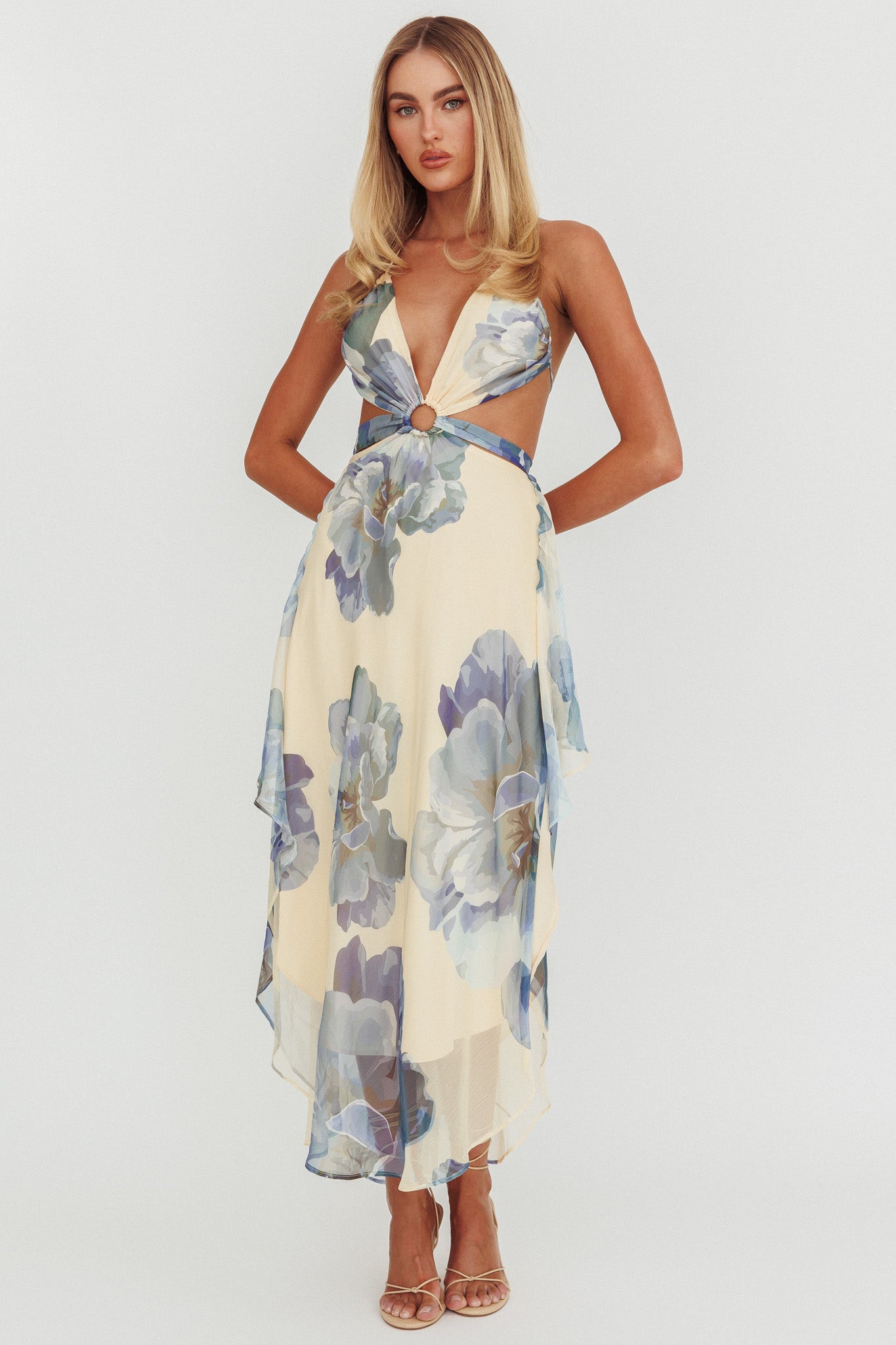 Samia Cut-Out Halterneck Maxi Dress Beige/Blue-Maymioy