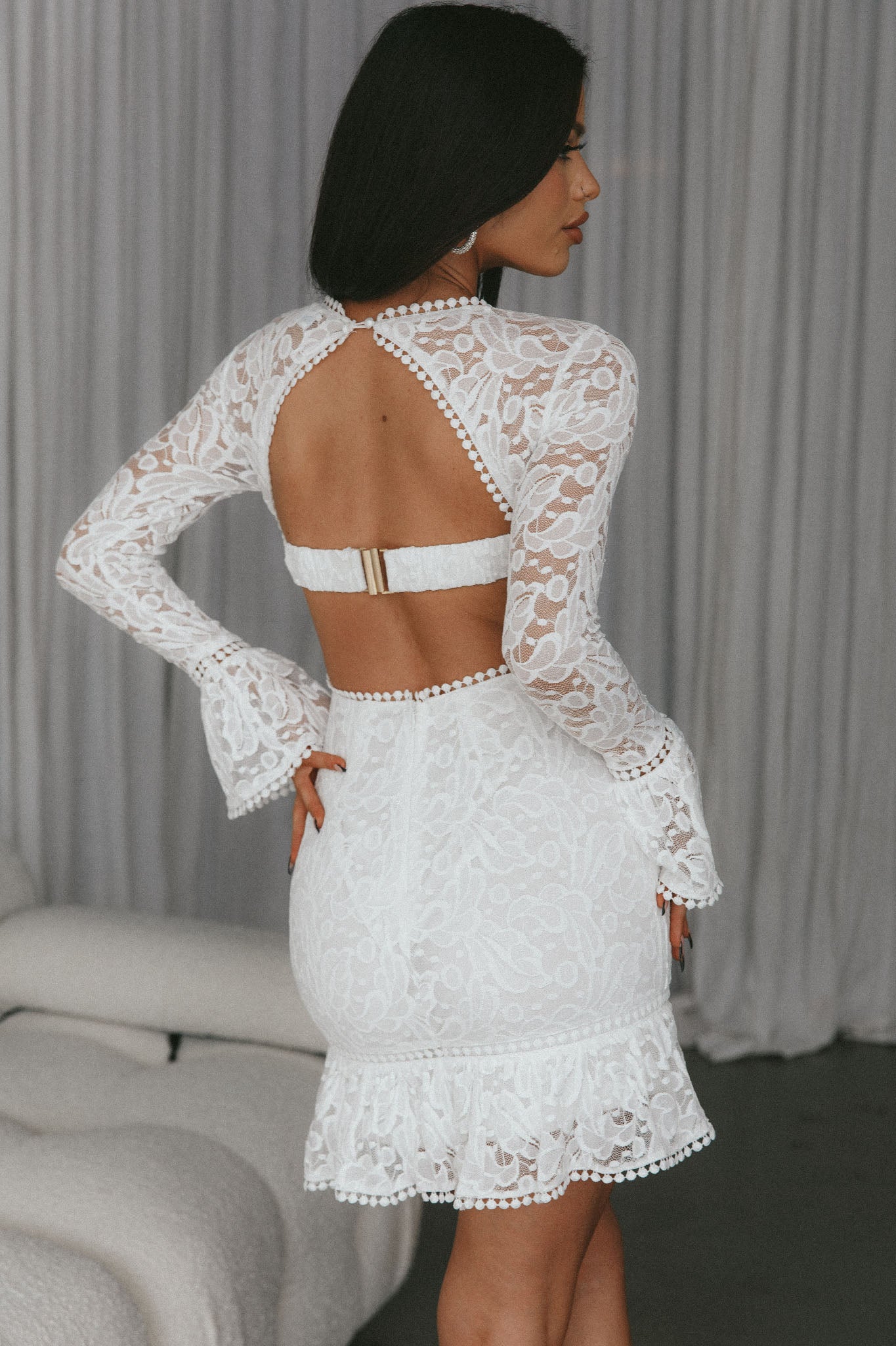 Elis Long Sleeve Buckle Dress Lace White-Maymioy