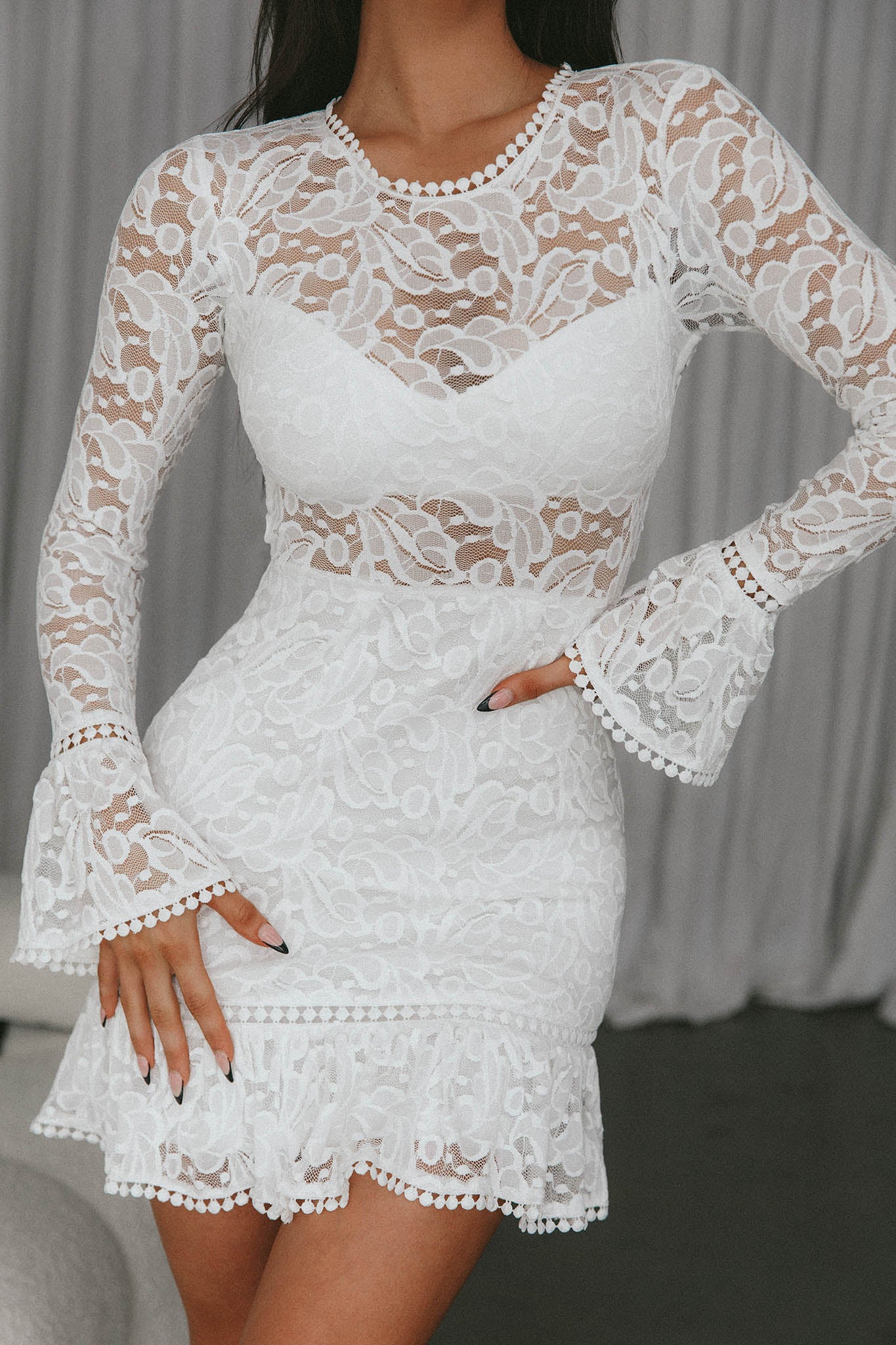 Elis Long Sleeve Buckle Dress Lace White-Maymioy