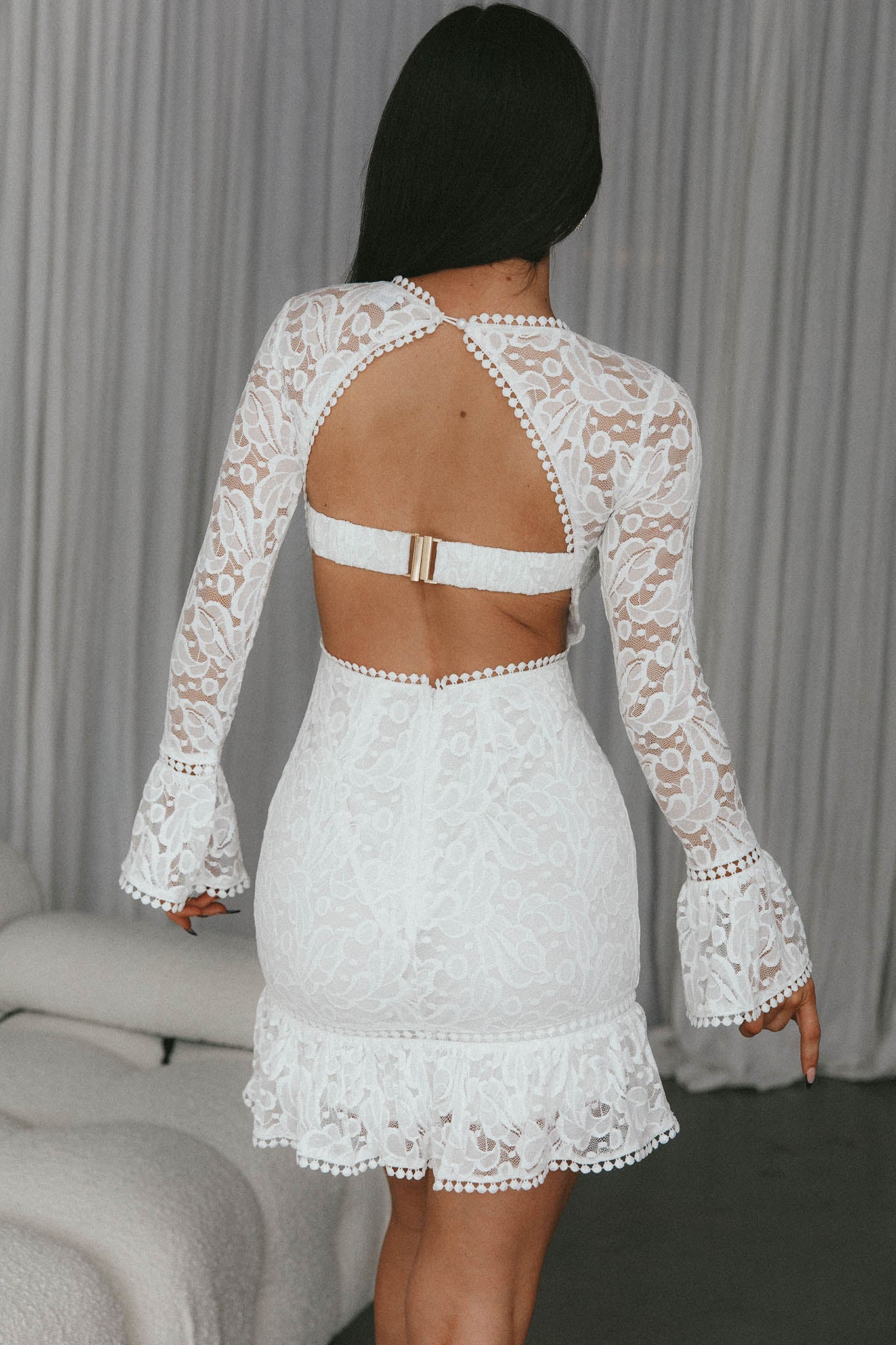 Elis Long Sleeve Buckle Dress Lace White-Maymioy