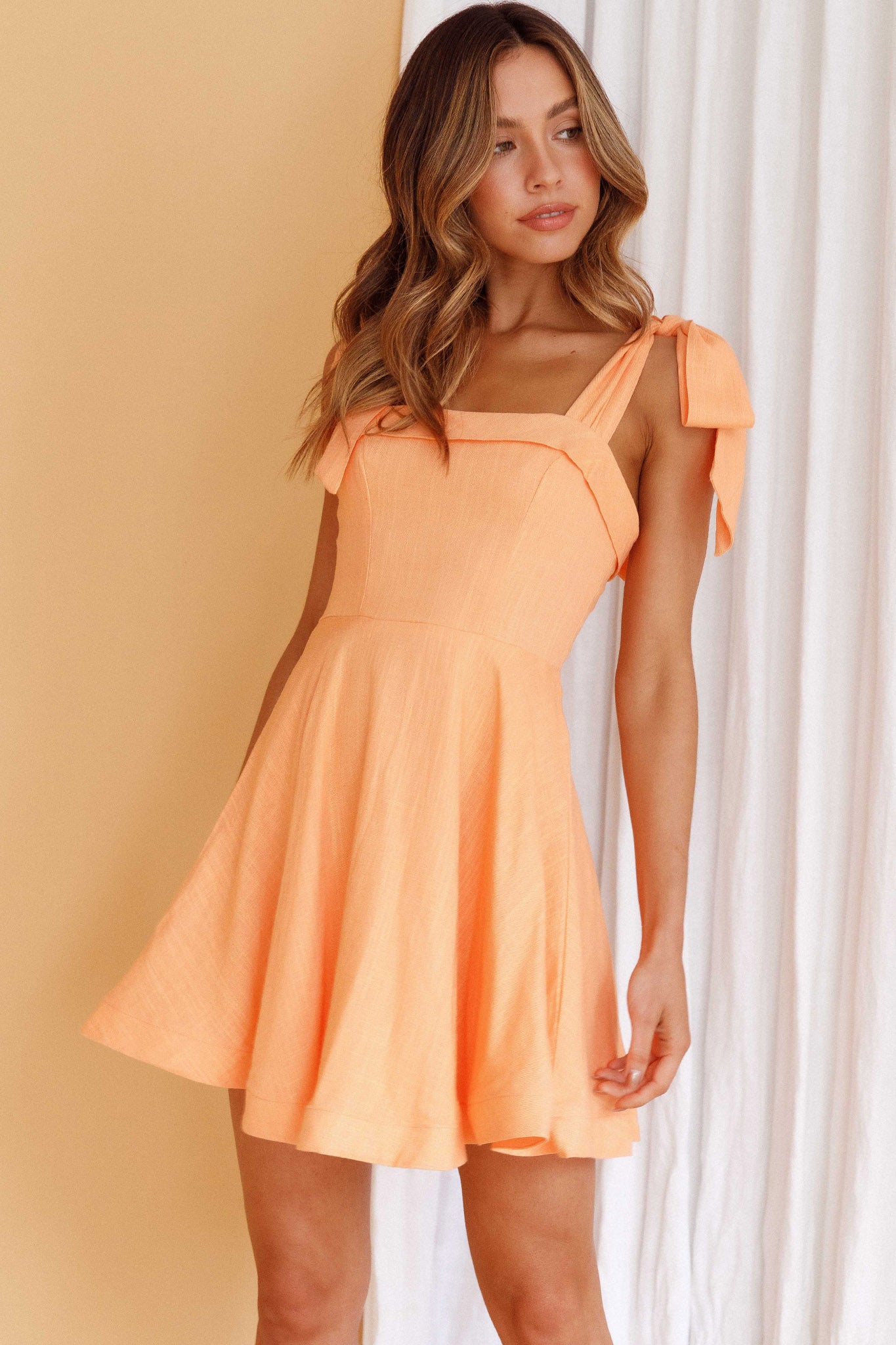 Jeanie Bow Shoulder Mini Dress Orange-Maymioy