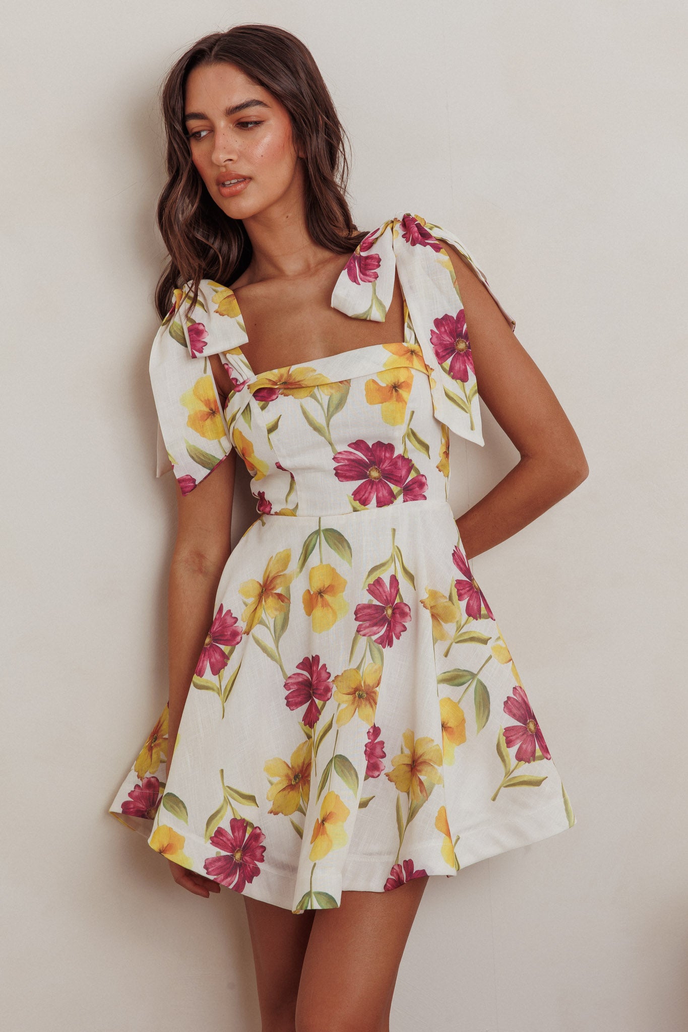 Jeanie Tied Shoulder Mini Dress Flower Purple-Maymioy