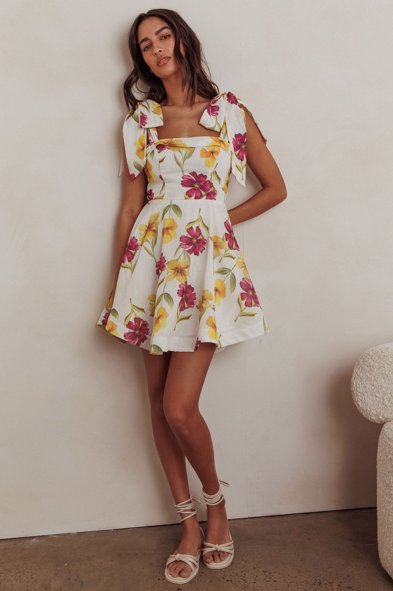 Jeanie Tied Shoulder Mini Dress Flower Purple-Maymioy