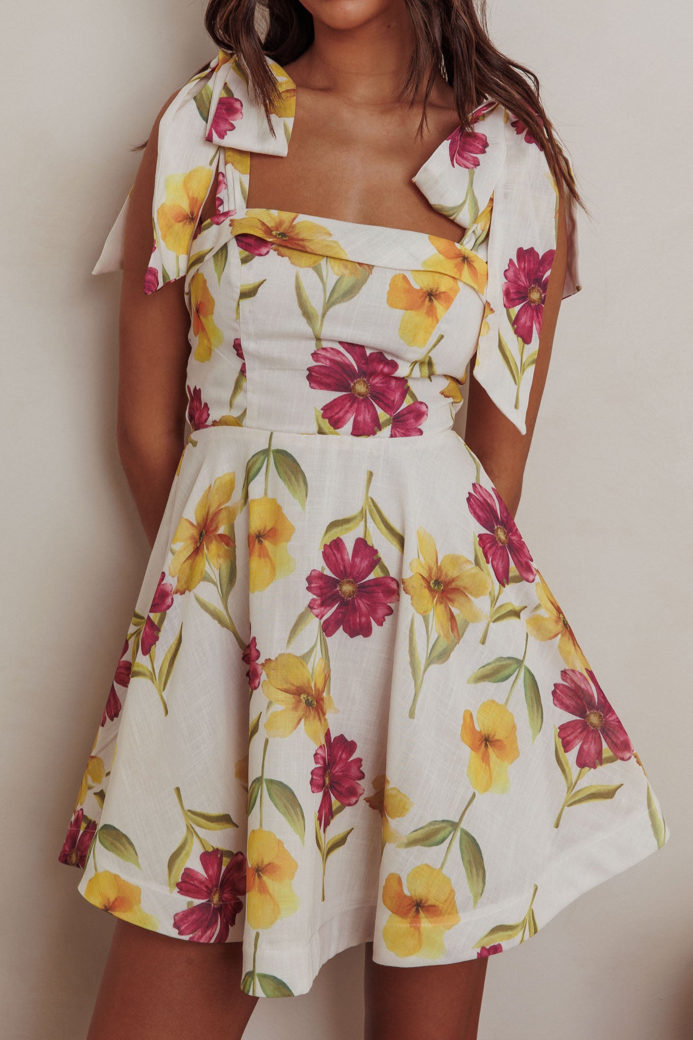 Jeanie Tied Shoulder Mini Dress Flower Purple-Maymioy