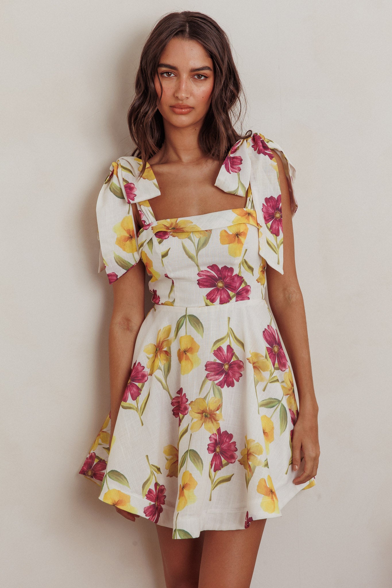 Jeanie Tied Shoulder Mini Dress Flower Purple-Maymioy