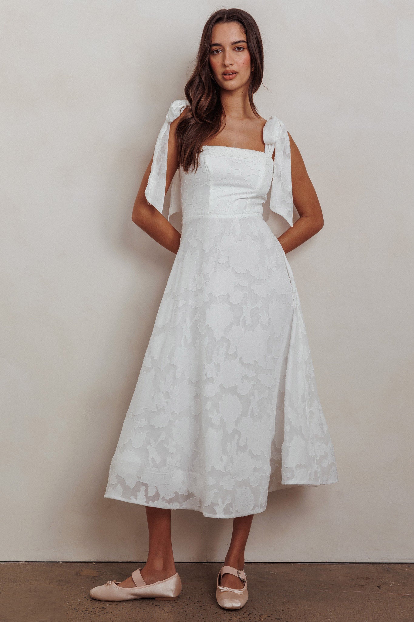 Jeanie Bow Shoulder Midi Dress Embossed White-Maymioy