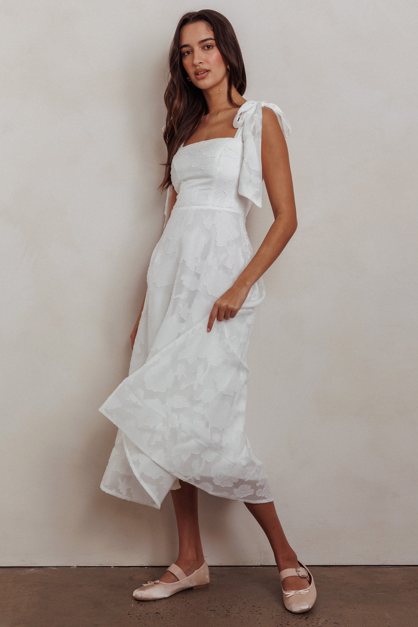 Jeanie Bow Shoulder Midi Dress Embossed White-Maymioy