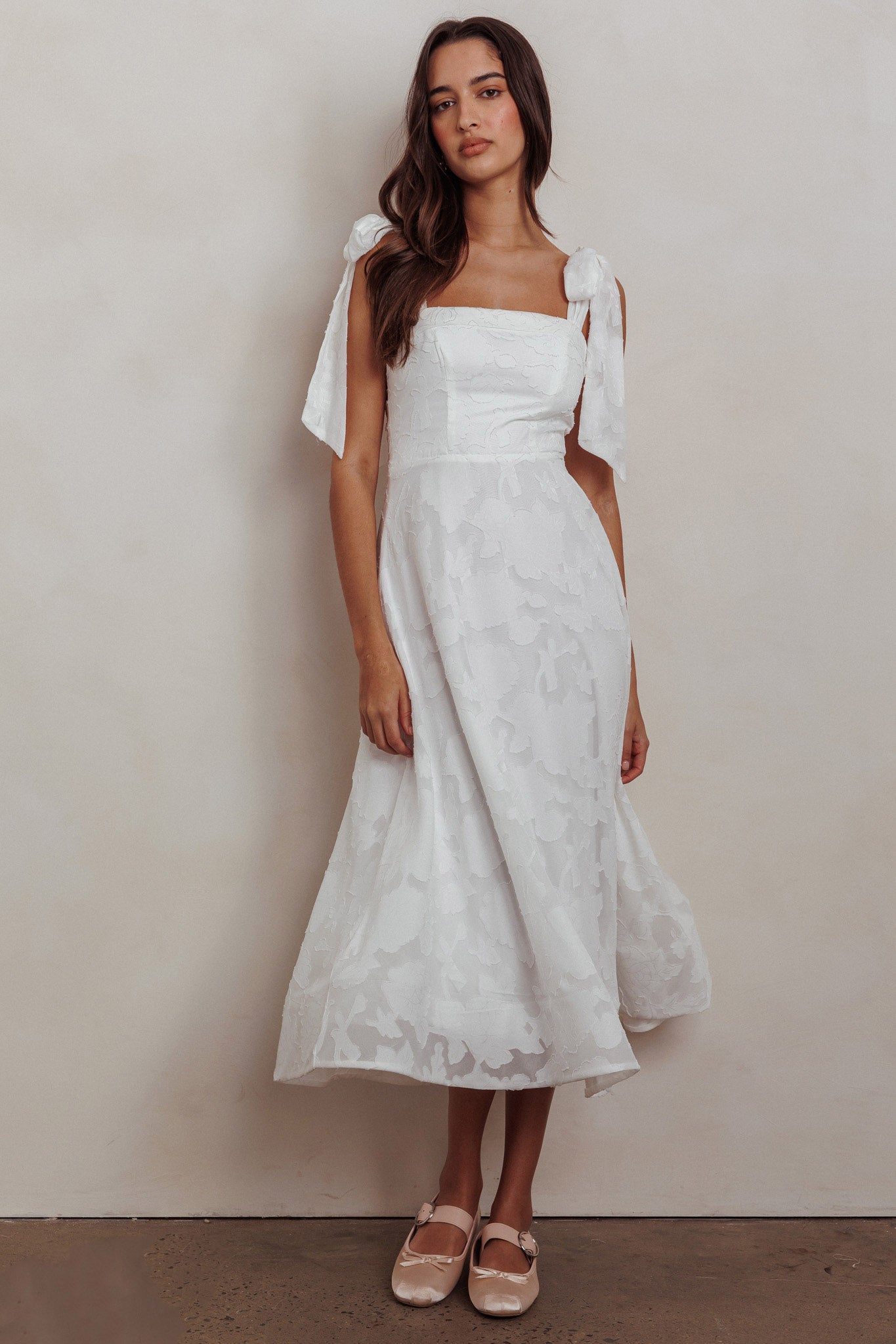 Jeanie Bow Shoulder Midi Dress Embossed White-Maymioy