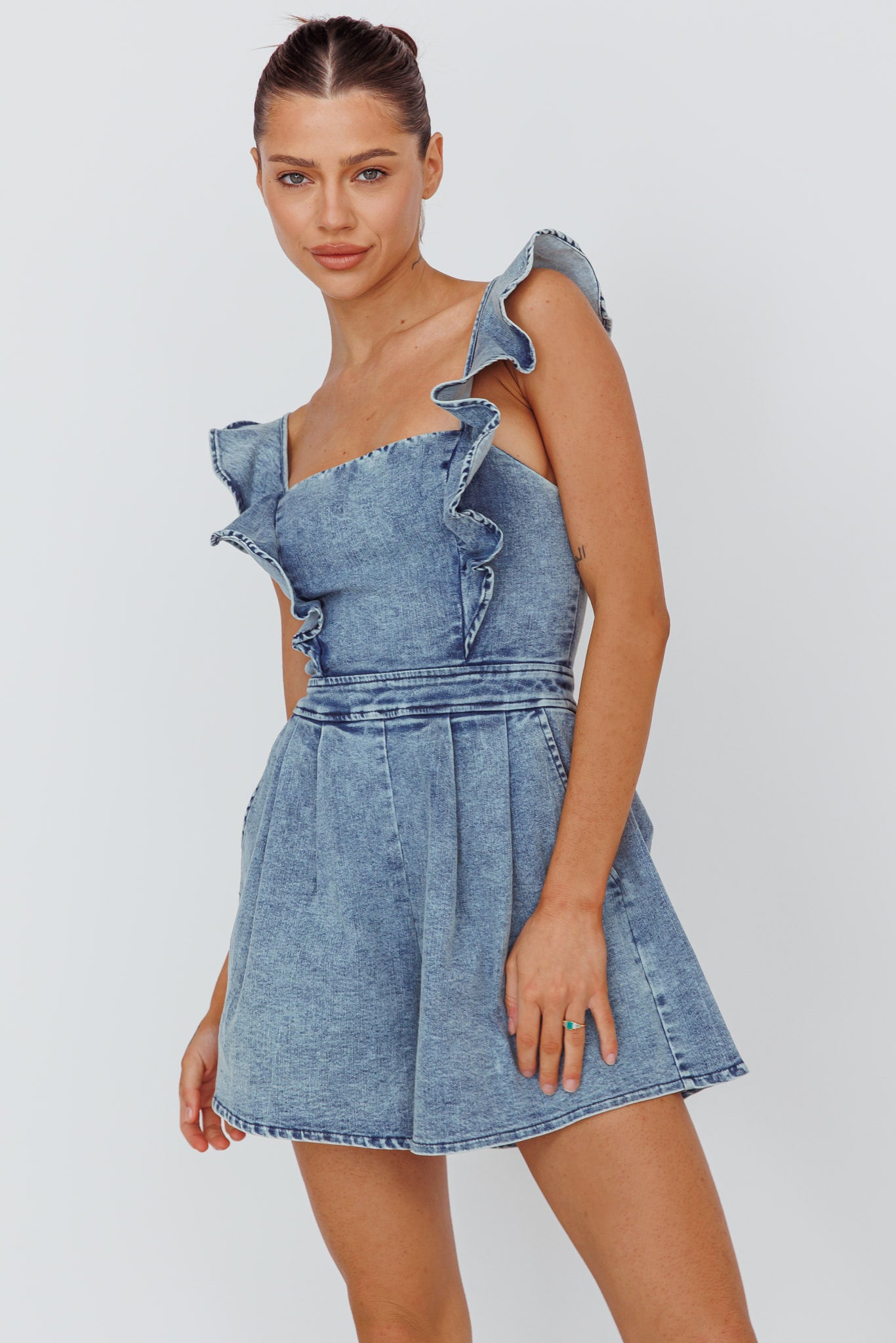 Nola Flared Ruffle Romper Denim-Maymioy