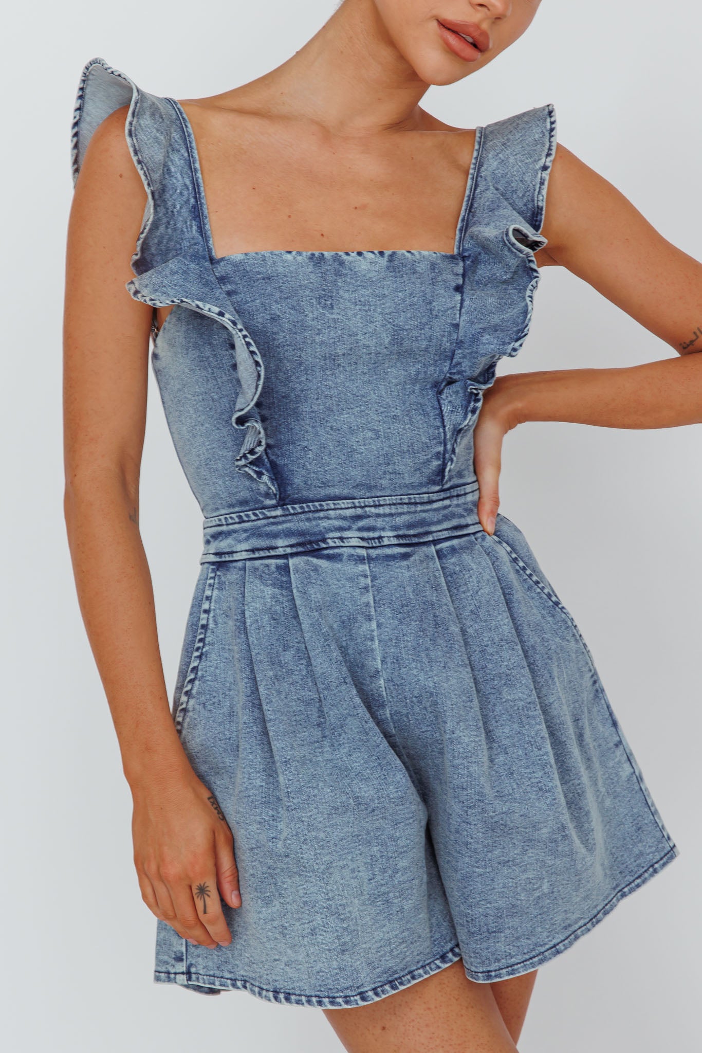 Nola Flared Ruffle Romper Denim-Maymioy
