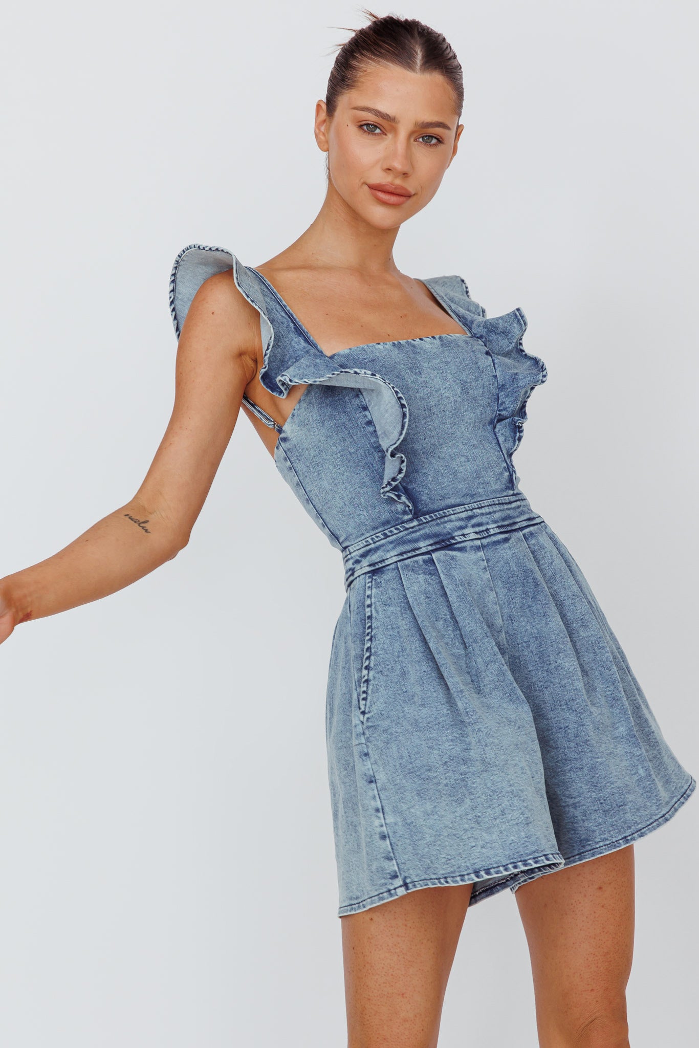 Nola Flared Ruffle Romper Denim-Maymioy
