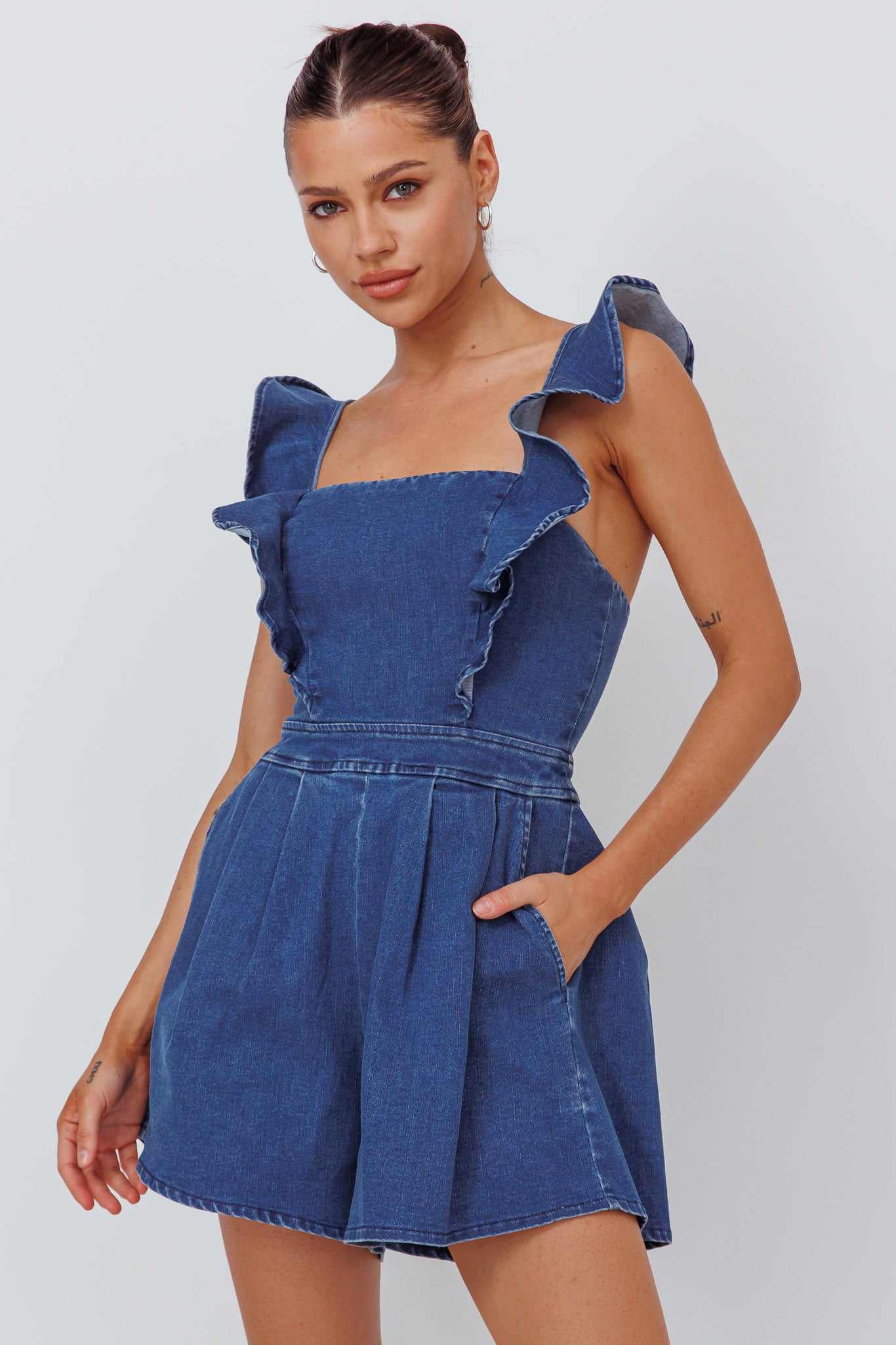 Nola Flared Ruffle Romper Light Denim-Maymioy