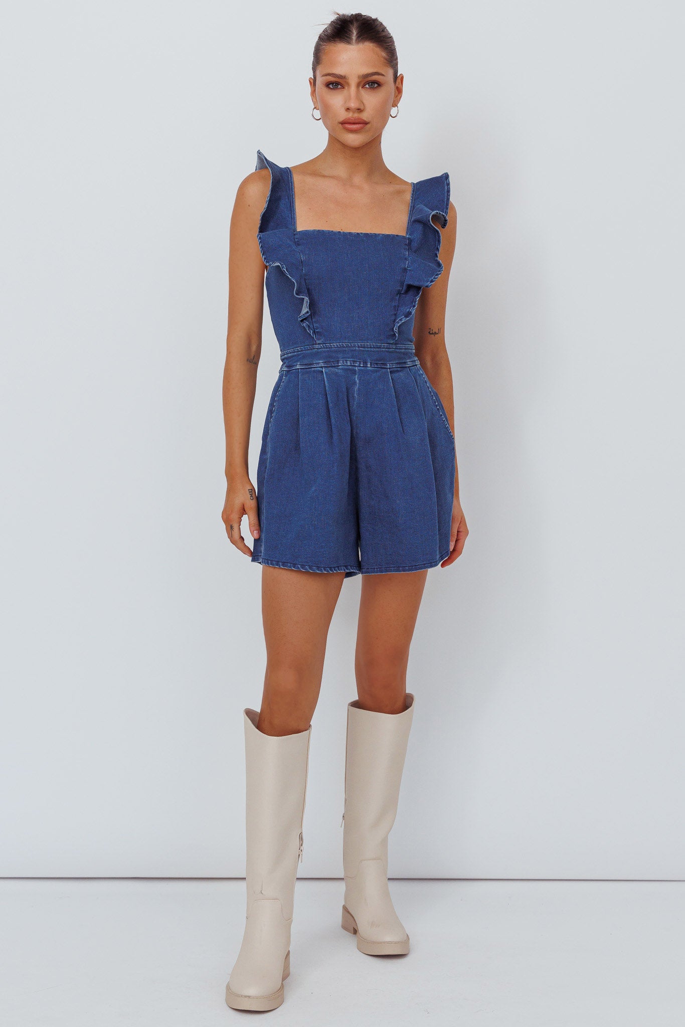 Nola Flared Ruffle Romper Light Denim-Maymioy