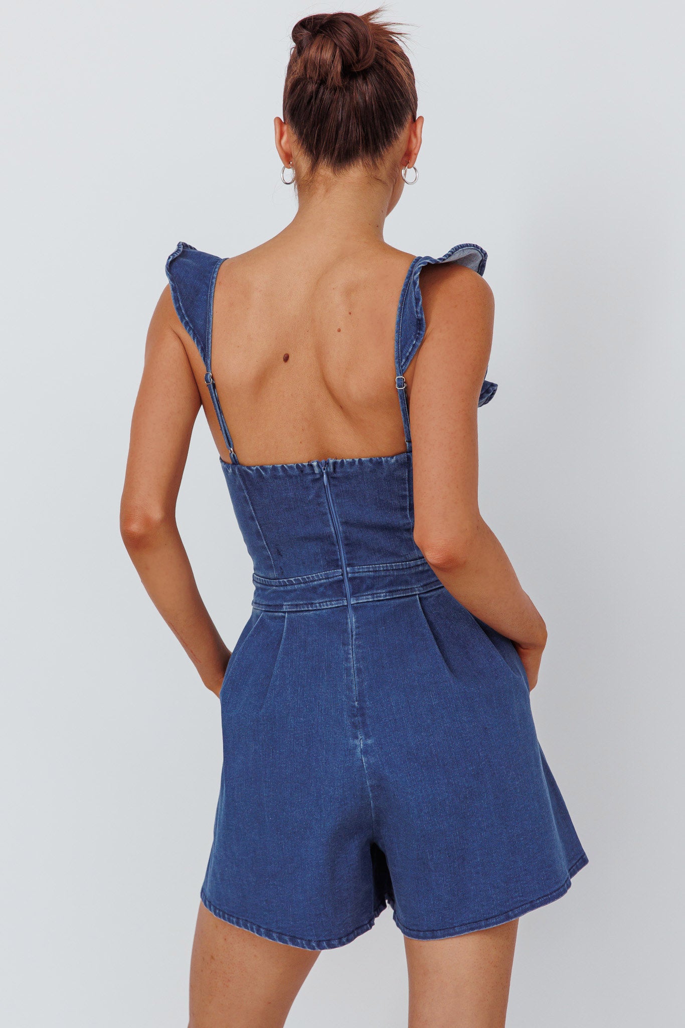Nola Flared Ruffle Romper Light Denim-Maymioy