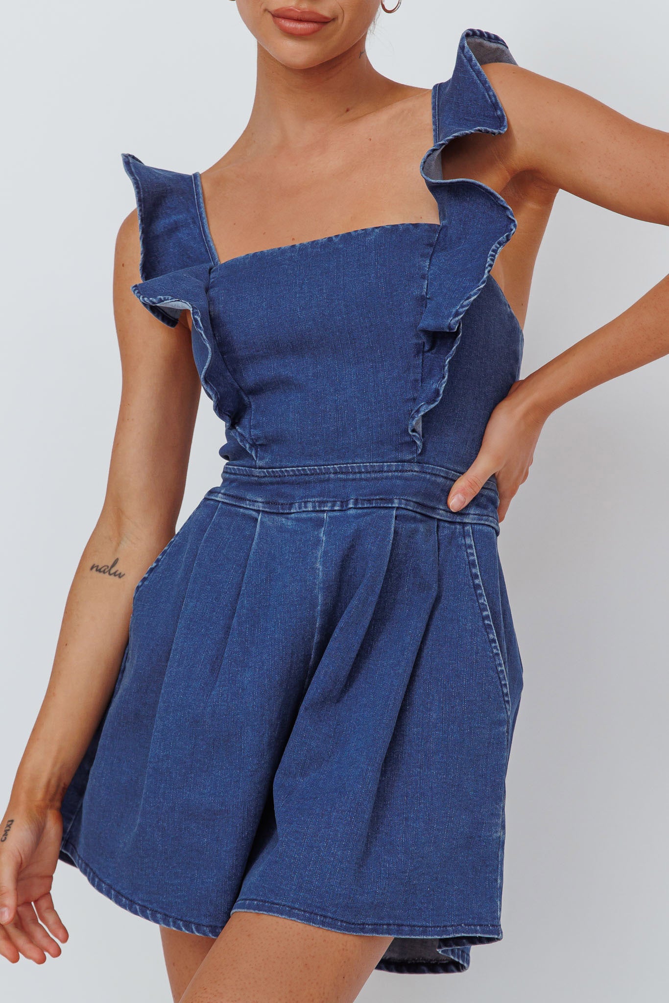 Nola Flared Ruffle Romper Light Denim-Maymioy