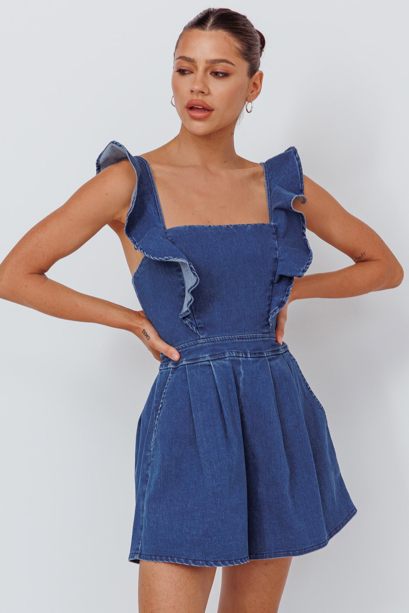 Nola Flared Ruffle Romper Light Denim-Maymioy