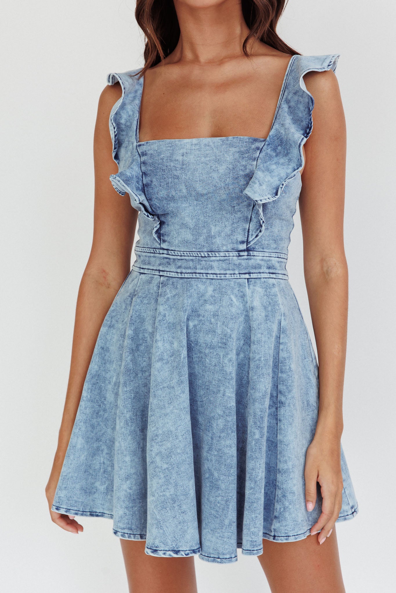 Nola Ruffle Strap Mini Dress Light Denim-Maymioy
