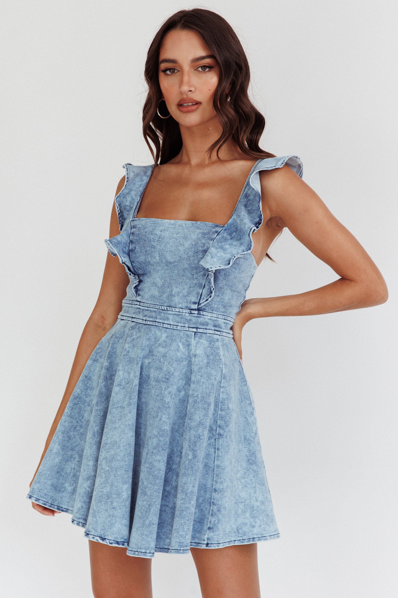 Nola Ruffle Strap Mini Dress Light Denim-Maymioy