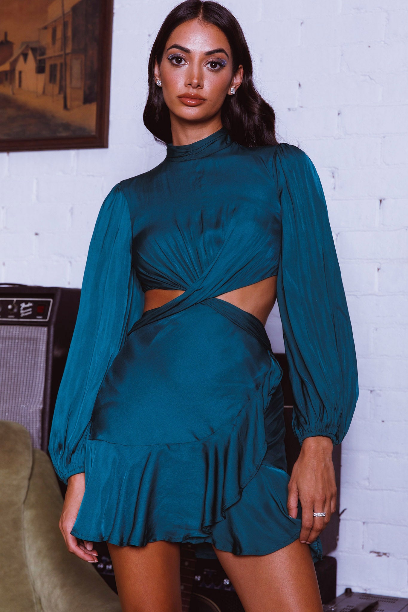 Feels Like Home Long Sleeve Cut-Out Dress Forest Green-Maymioy