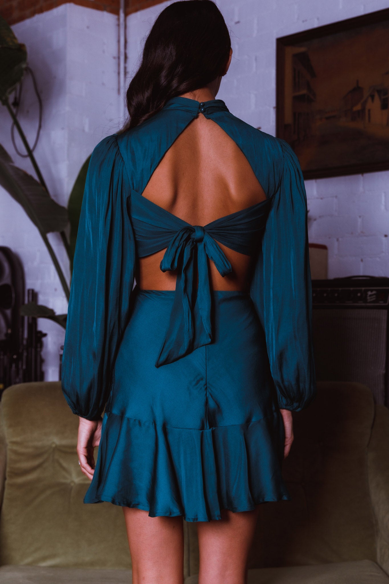 Feels Like Home Long Sleeve Cut-Out Dress Forest Green-Maymioy