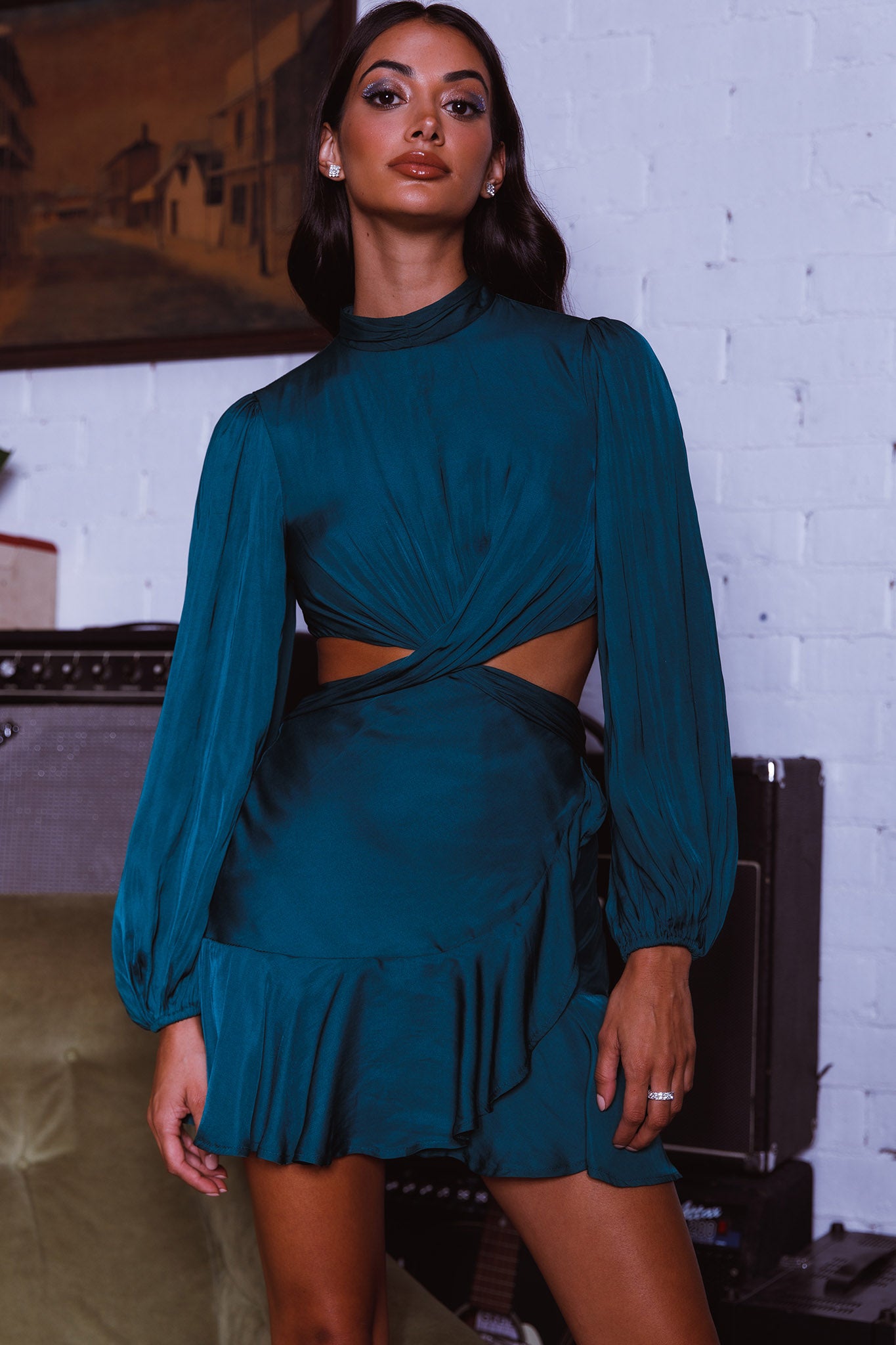 Feels Like Home Long Sleeve Cut-Out Dress Forest Green-Maymioy