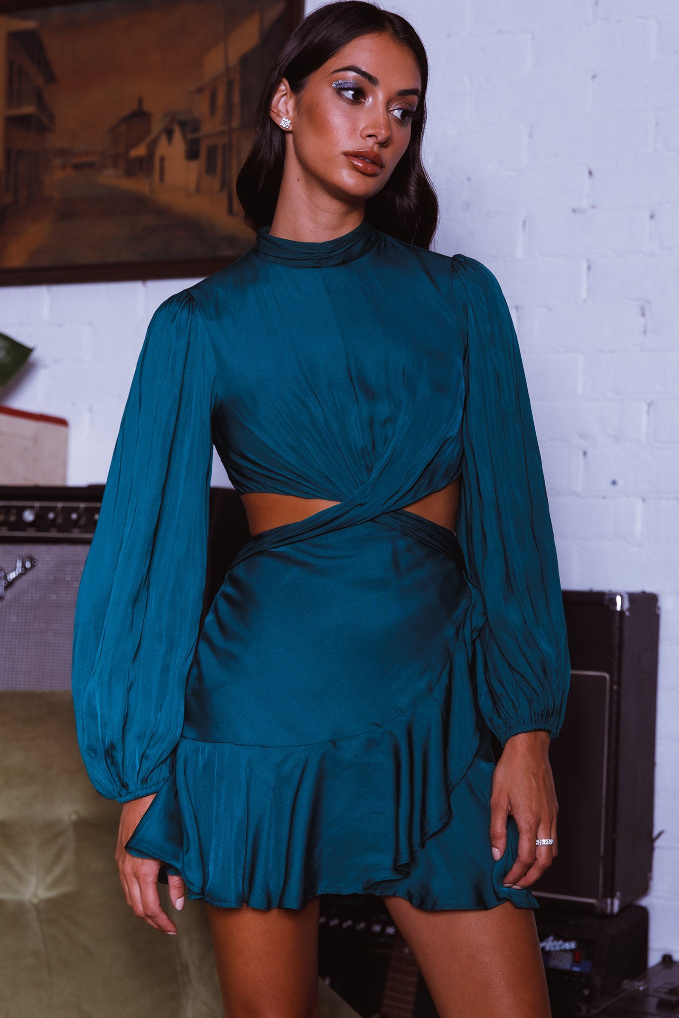 Feels Like Home Long Sleeve Cut-Out Dress Forest Green-Maymioy
