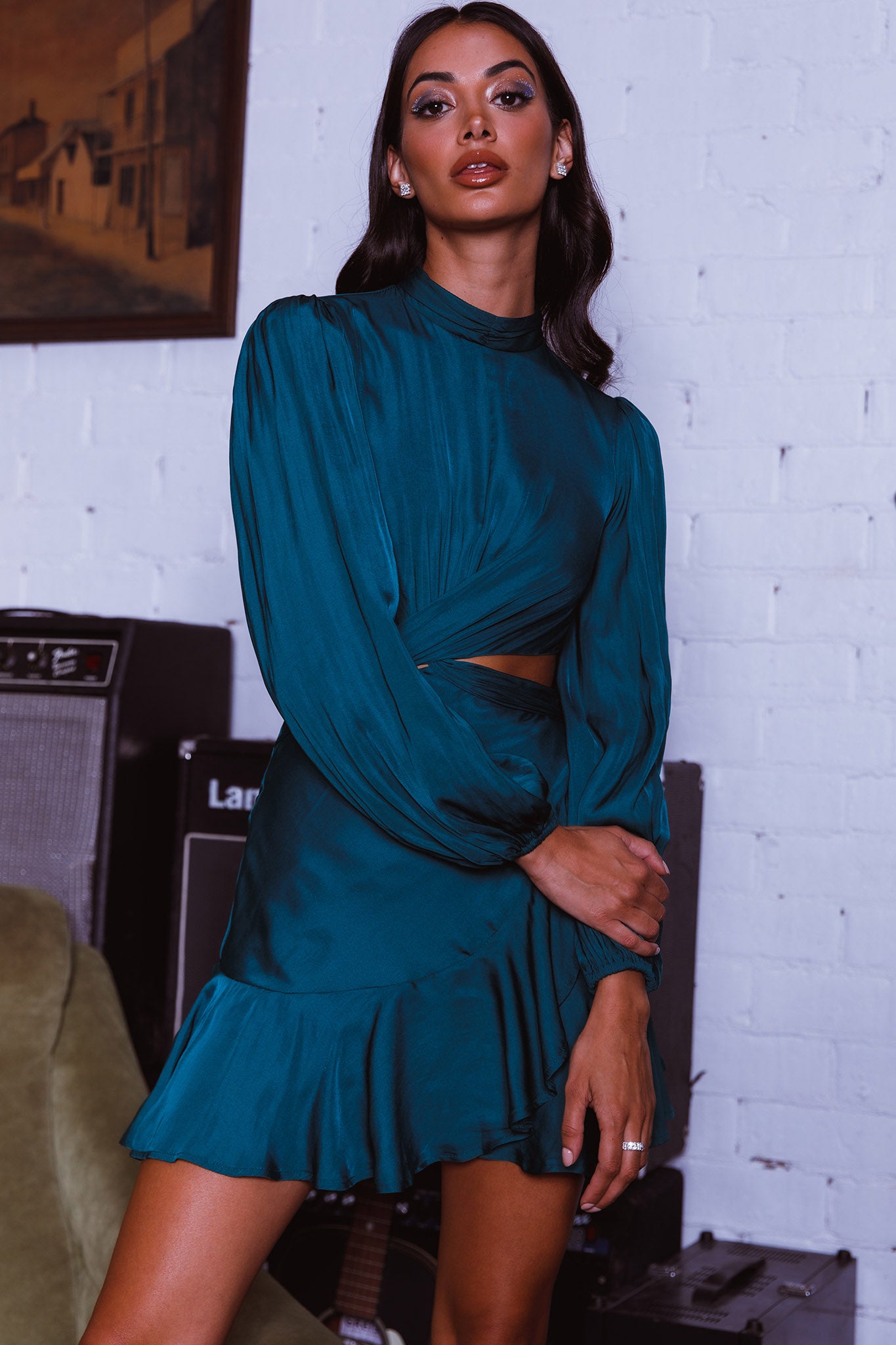 Feels Like Home Long Sleeve Cut-Out Dress Forest Green-Maymioy