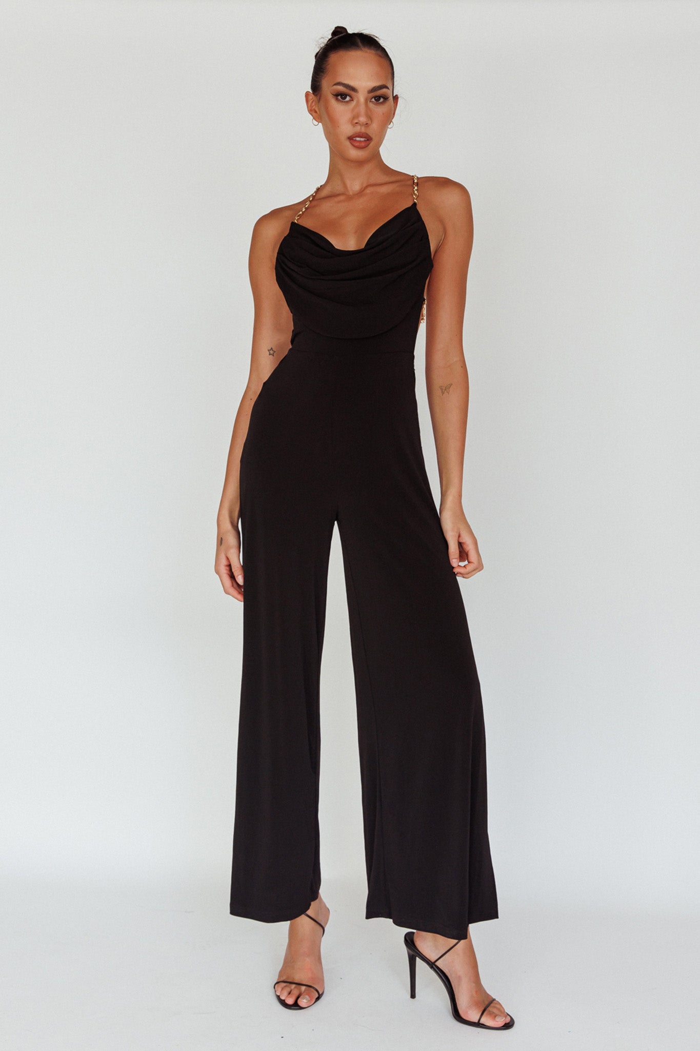 Emanuella Chain Strap Jumpsuit Black-Maymioy
