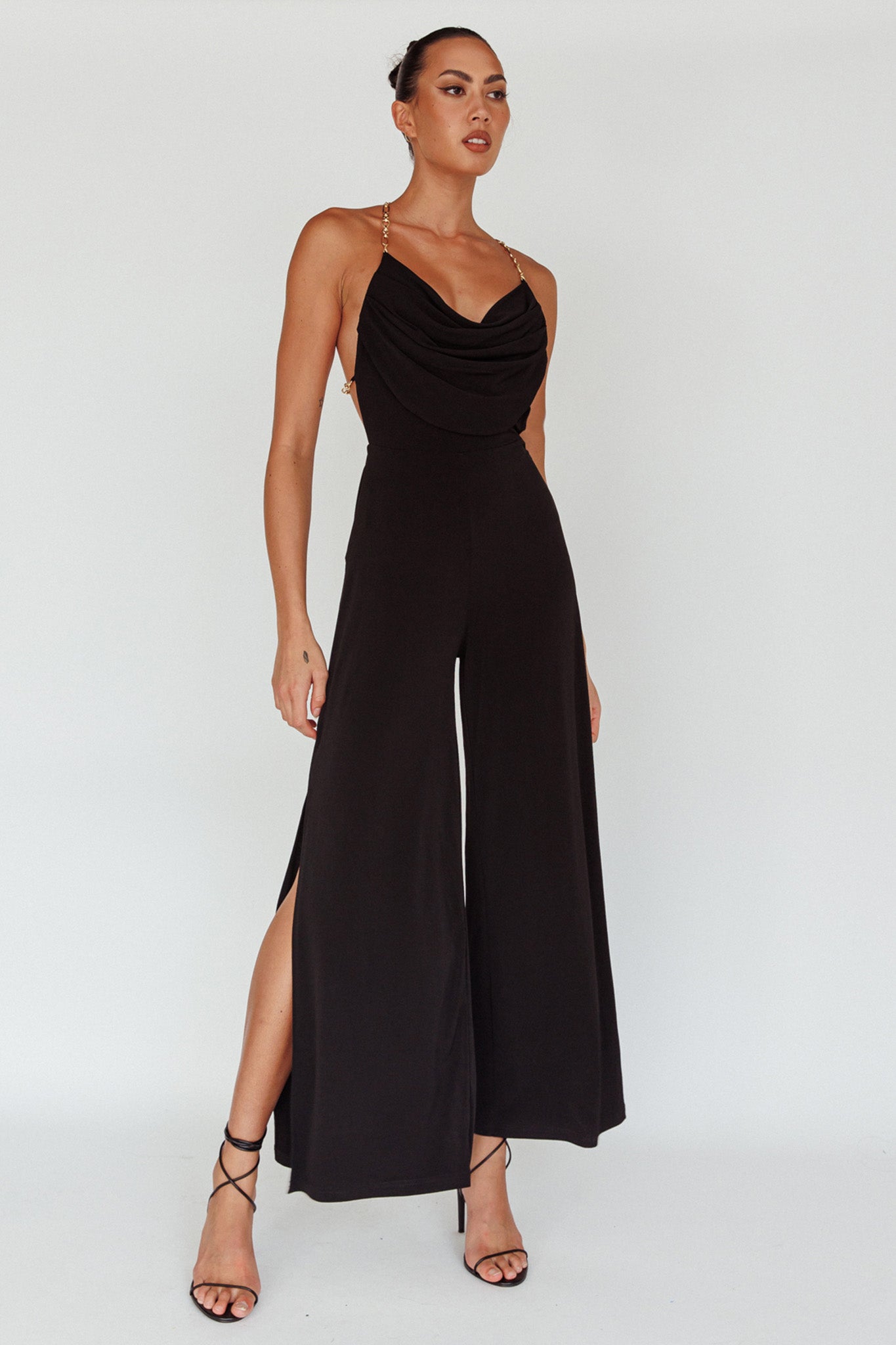 Emanuella Chain Strap Jumpsuit Black-Maymioy