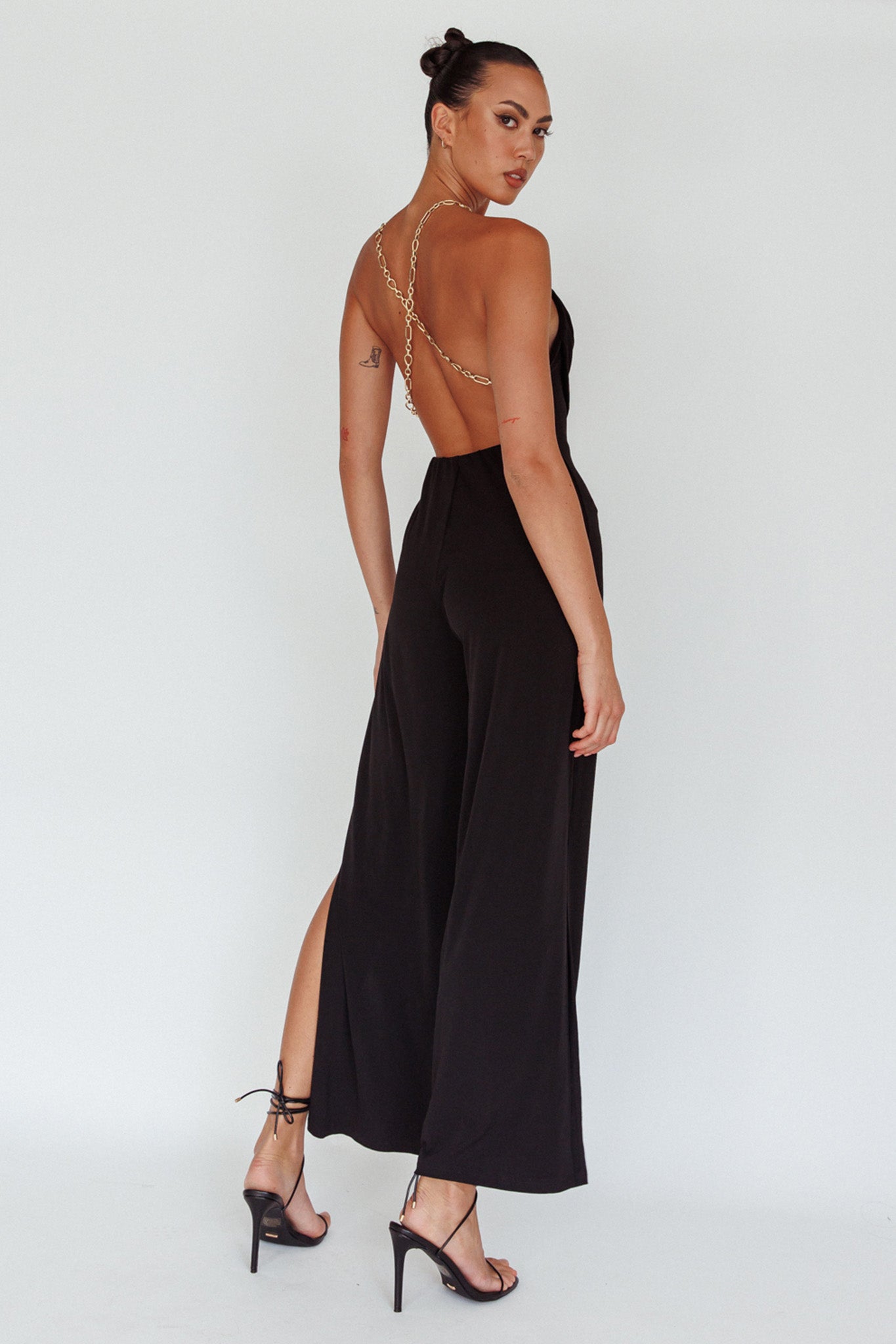 Emanuella Chain Strap Jumpsuit Black-Maymioy