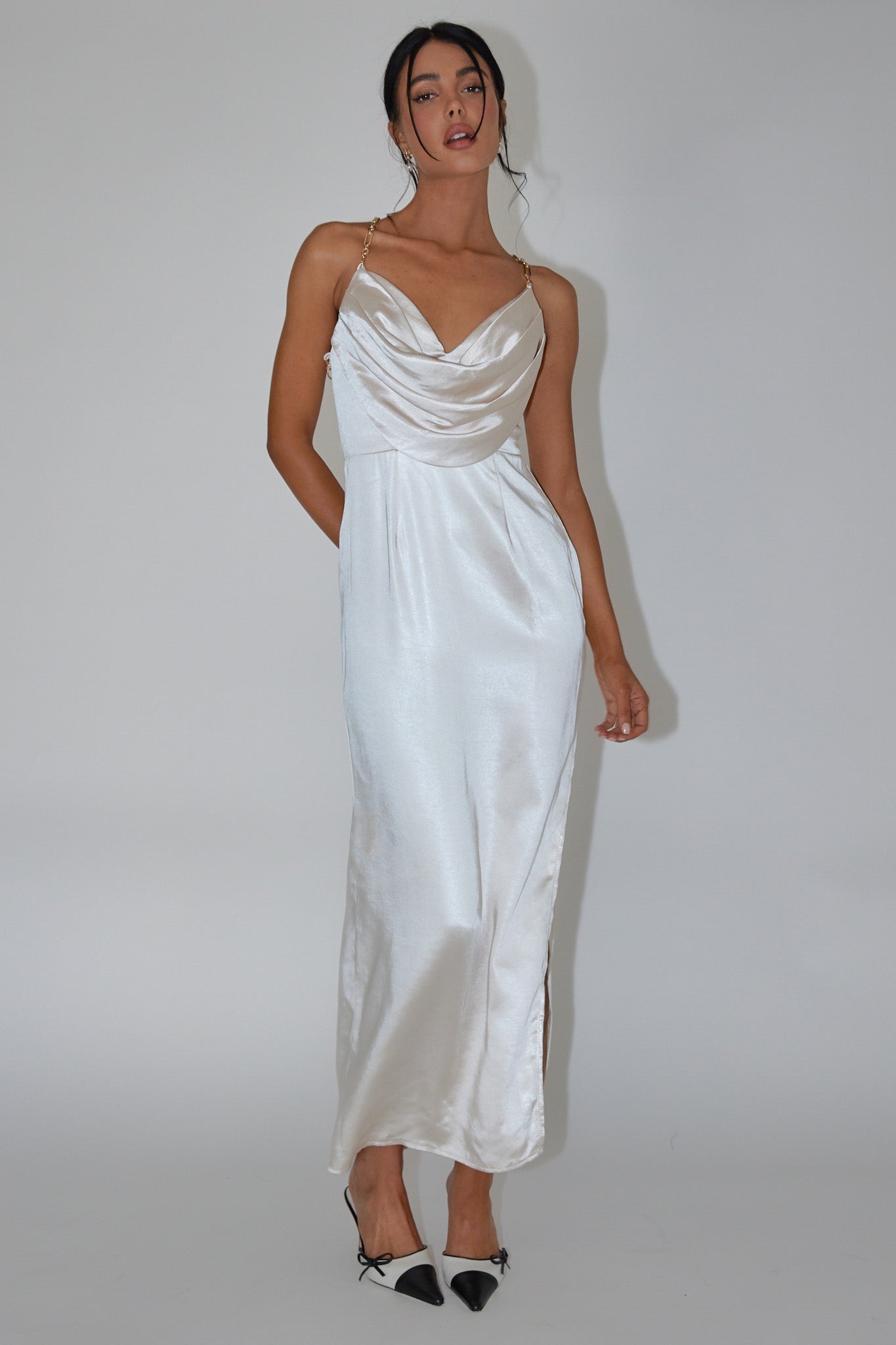 Emanuella Chain Strap Satin Midi Dress Champagne-Maymioy