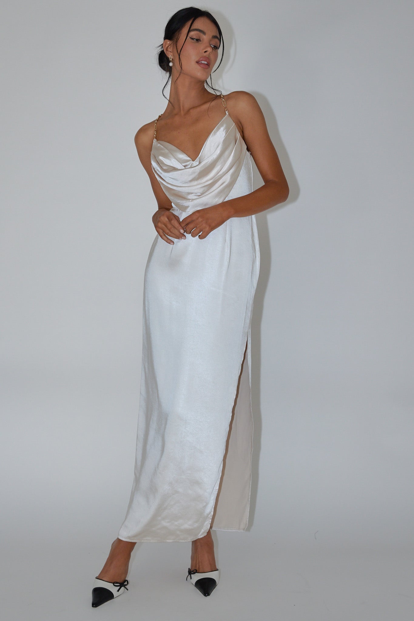 Emanuella Chain Strap Satin Midi Dress Champagne-Maymioy