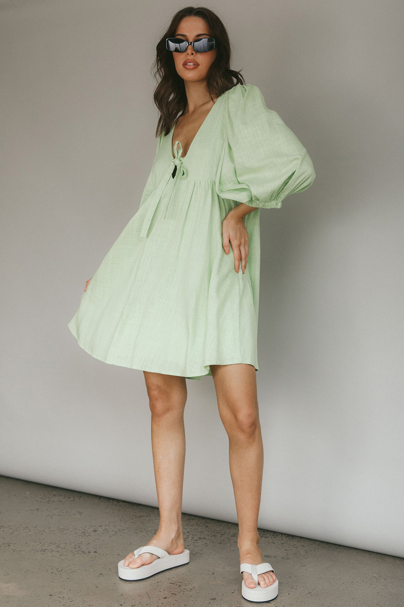 New Haven Puff Sleeve Swing Dress Lime-Maymioy