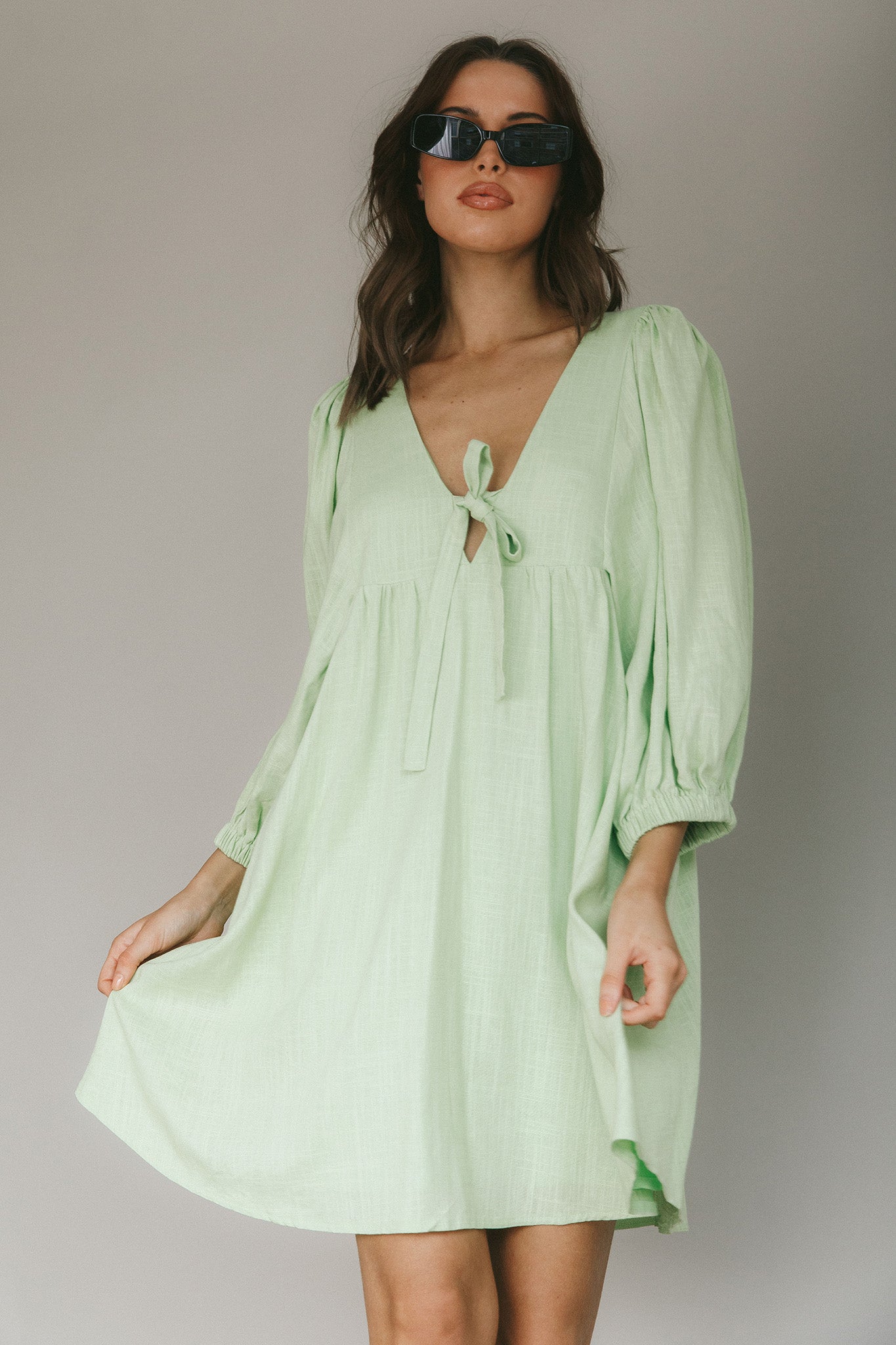 New Haven Puff Sleeve Swing Dress Lime-Maymioy