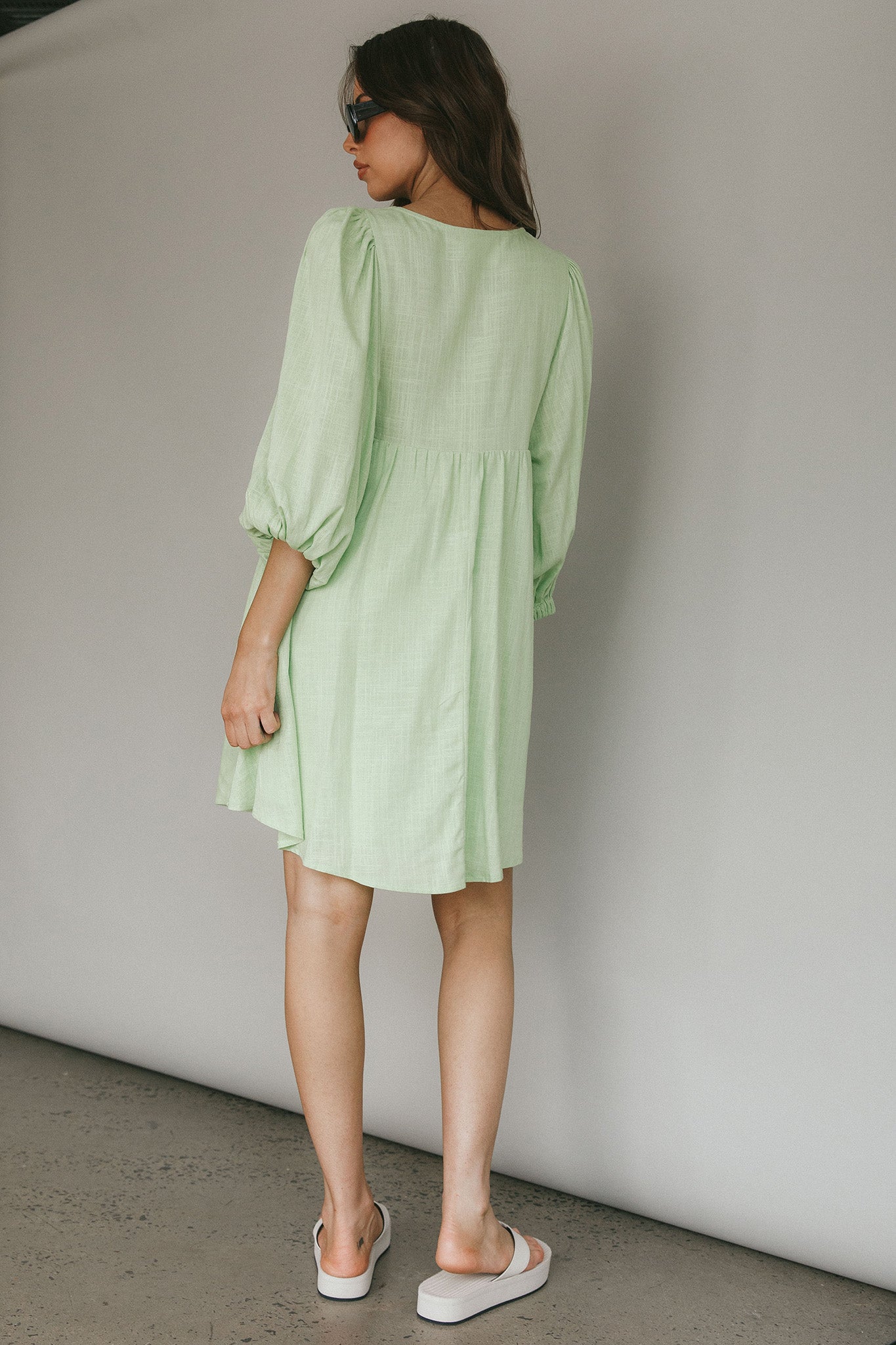 New Haven Puff Sleeve Swing Dress Lime-Maymioy