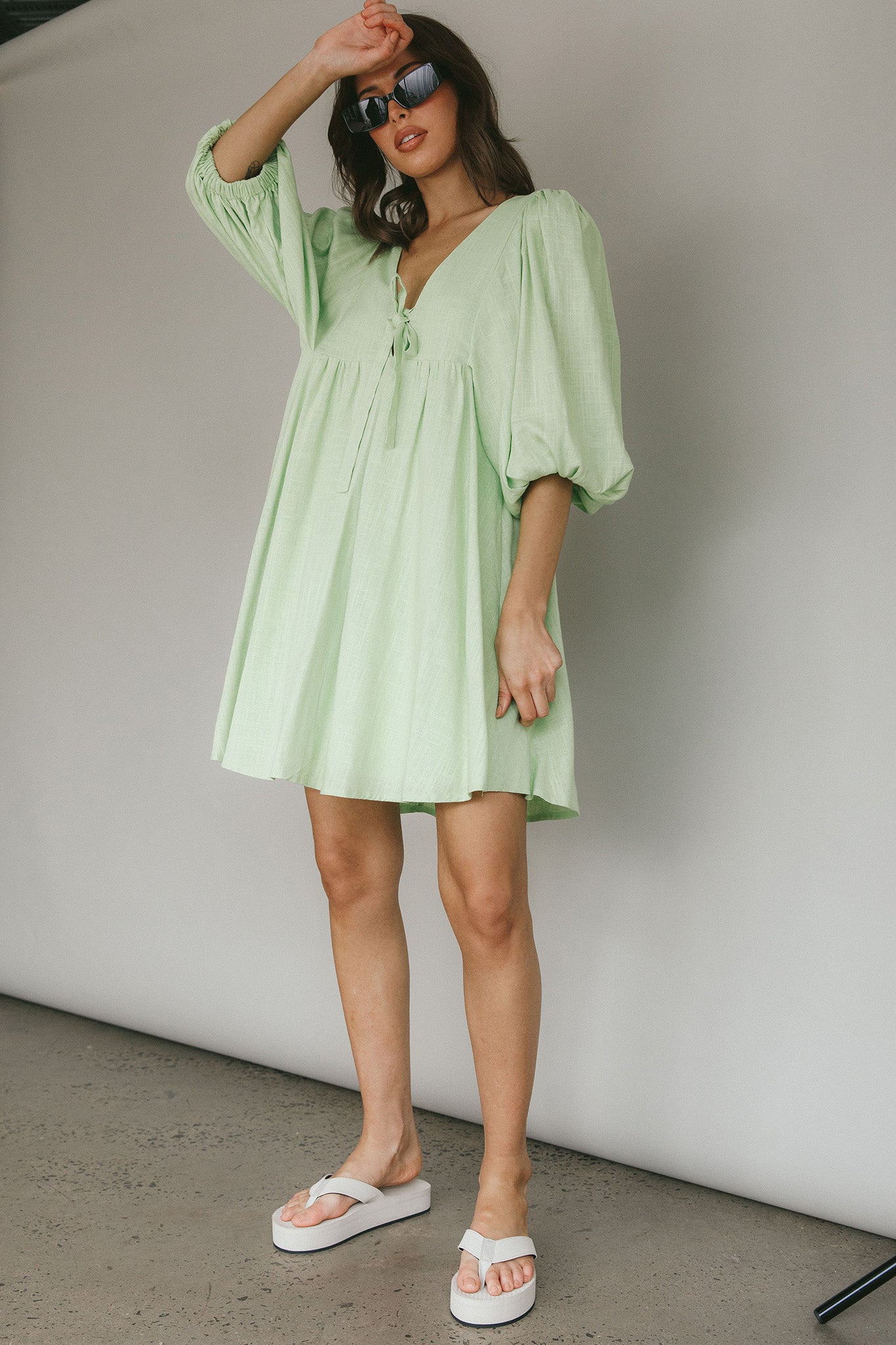 New Haven Puff Sleeve Swing Dress Lime-Maymioy