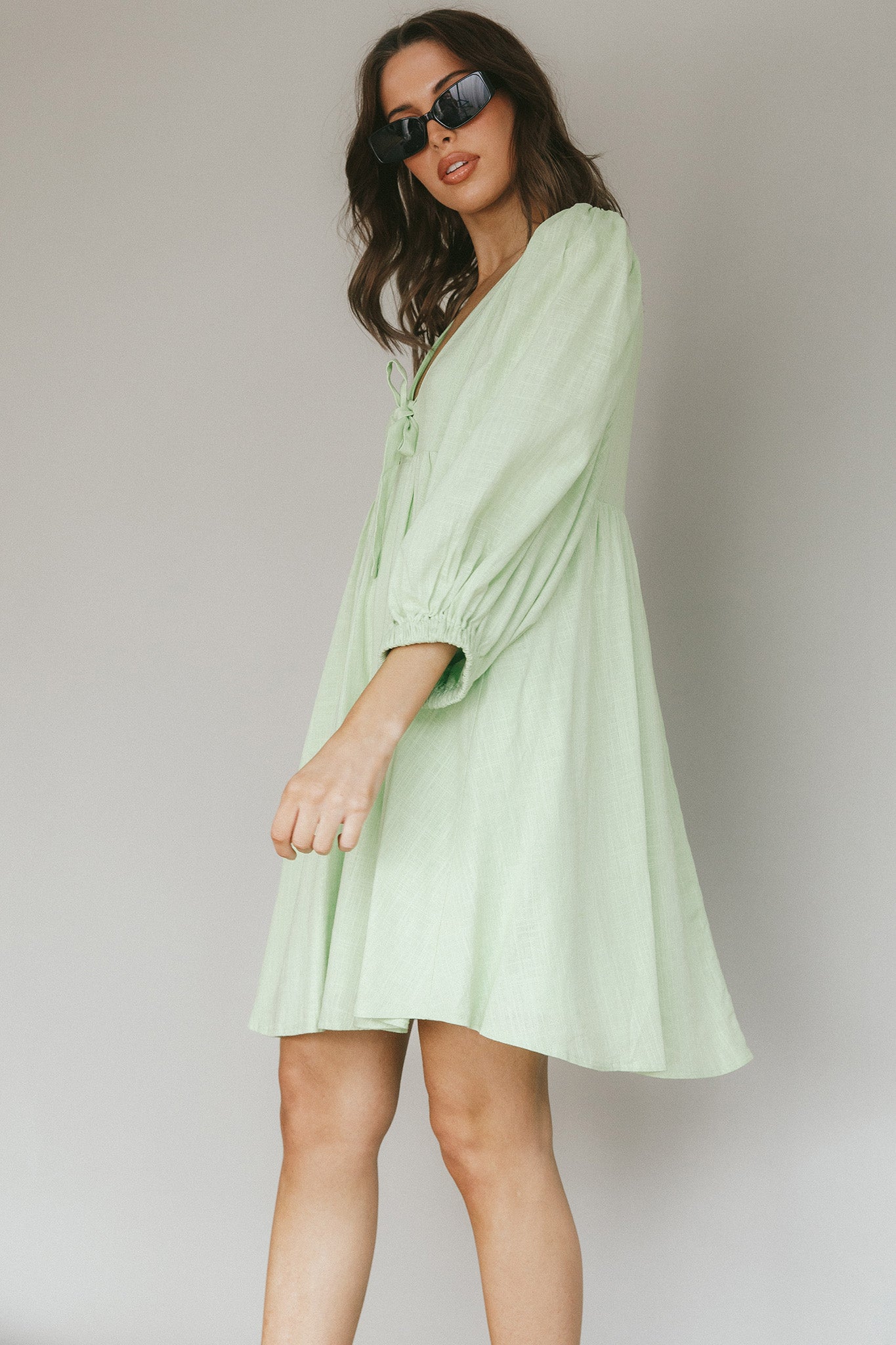 New Haven Puff Sleeve Swing Dress Lime-Maymioy