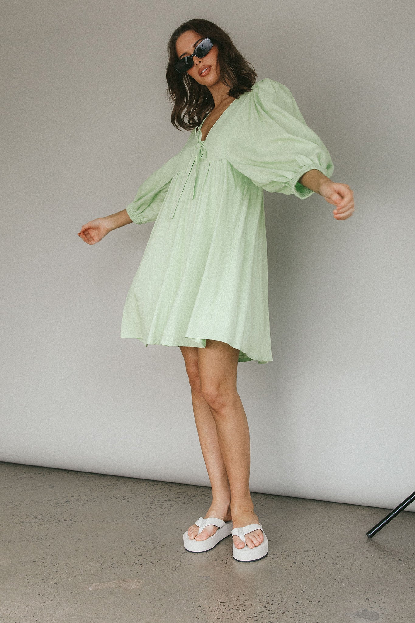 New Haven Puff Sleeve Swing Dress Lime-Maymioy