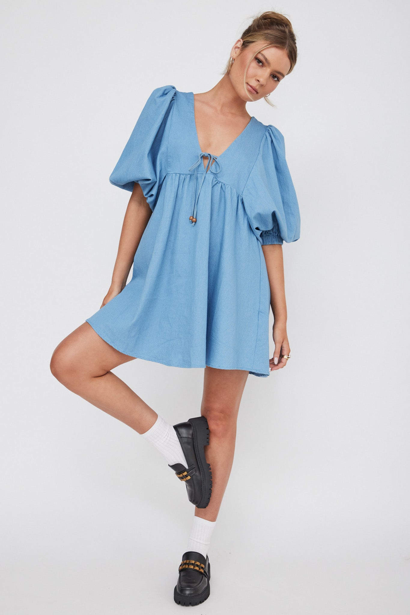 New Haven Puff Sleeve Swing Dress Denim-Maymioy