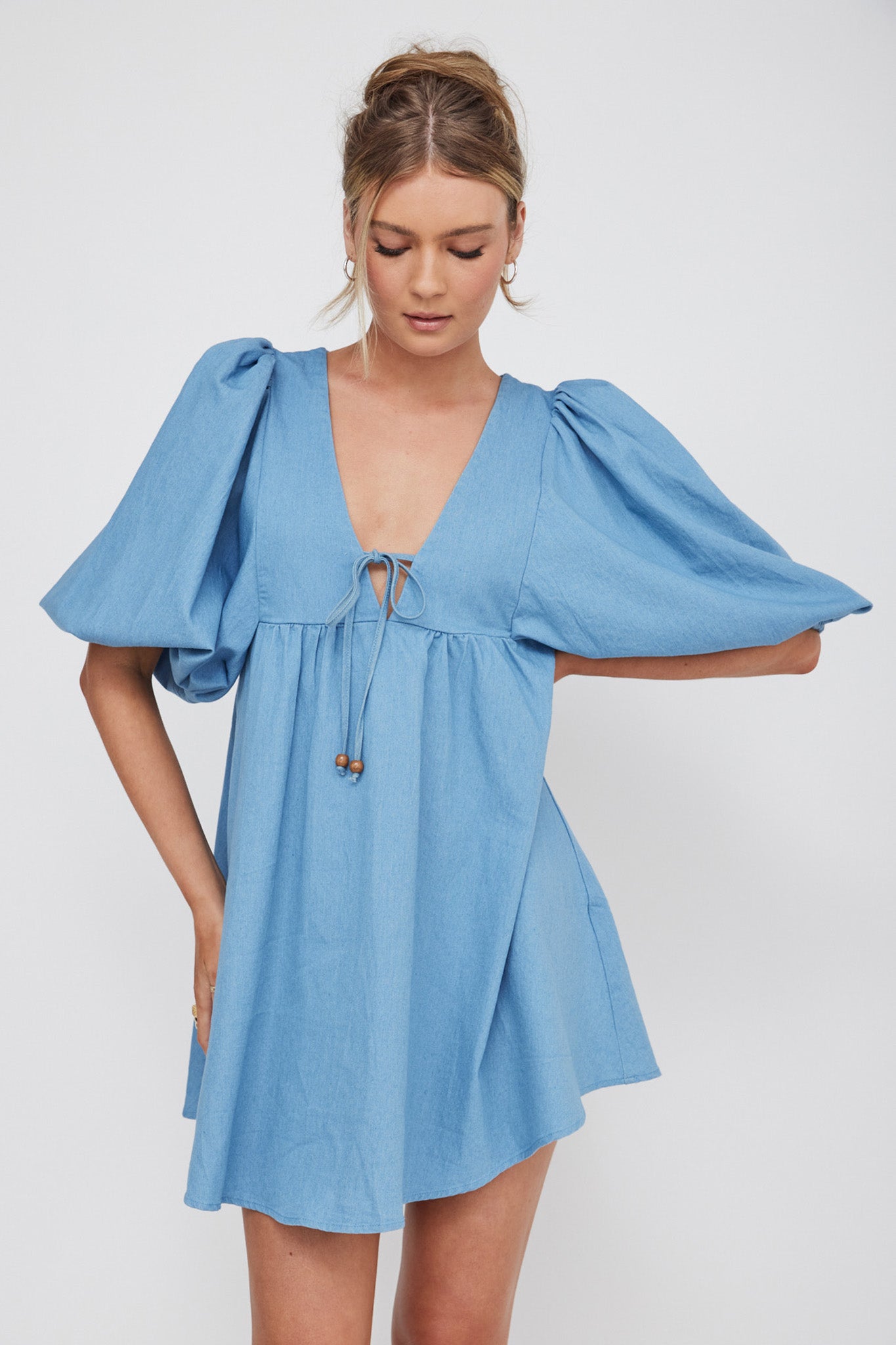 New Haven Puff Sleeve Swing Dress Denim-Maymioy