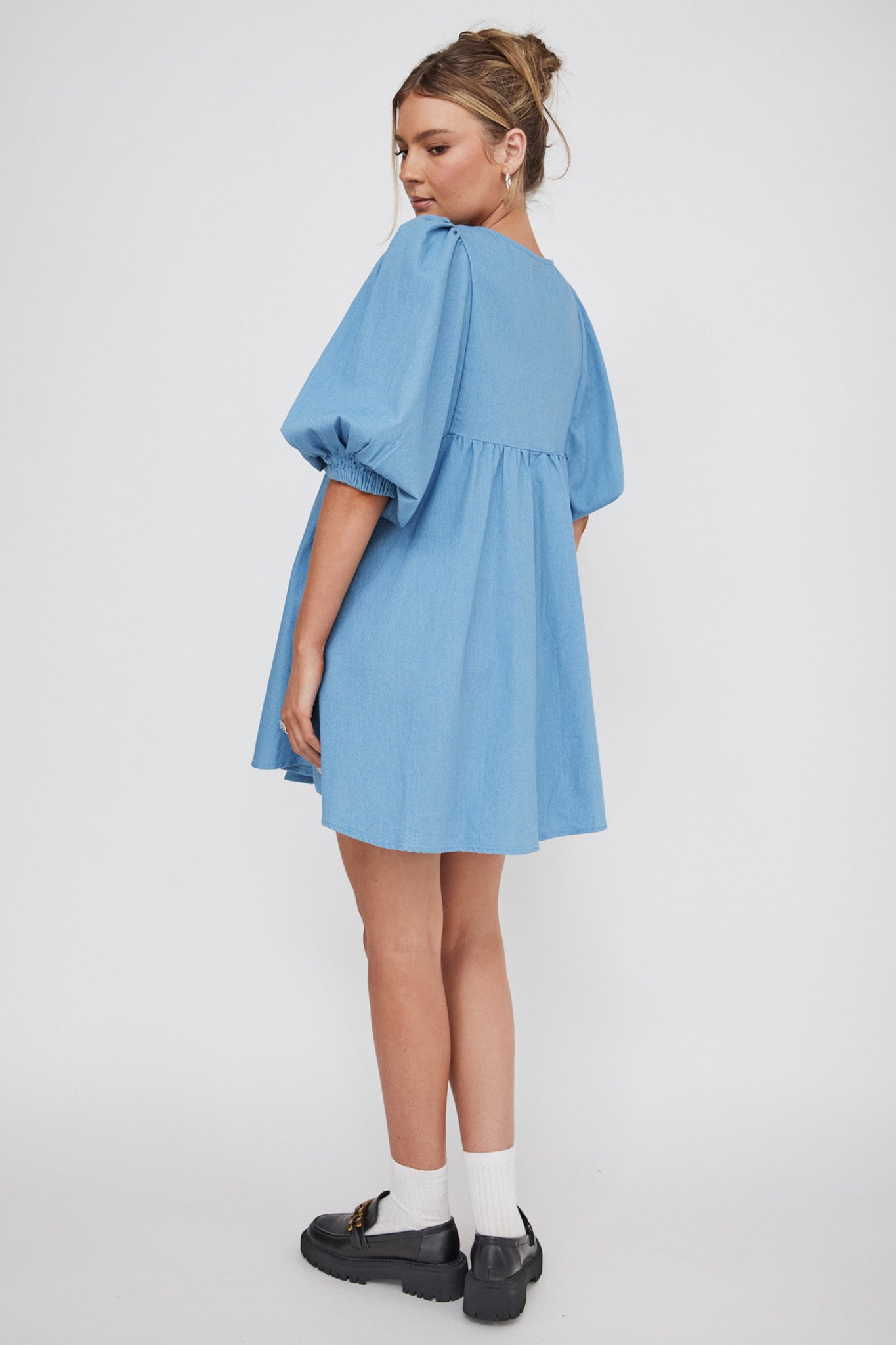 New Haven Puff Sleeve Swing Dress Denim-Maymioy
