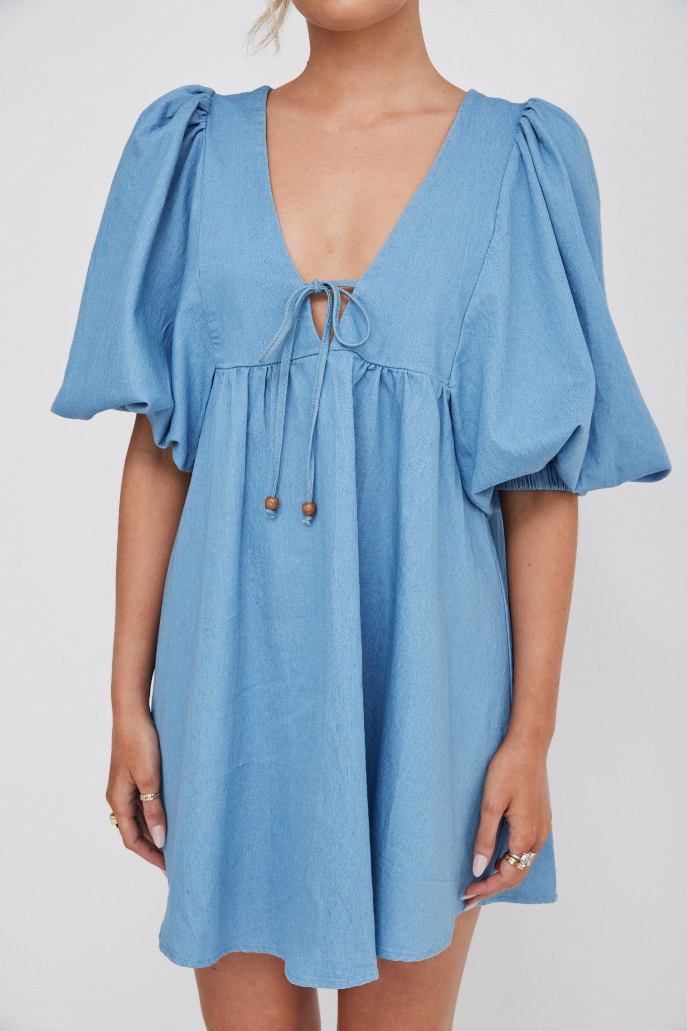 New Haven Puff Sleeve Swing Dress Denim-Maymioy