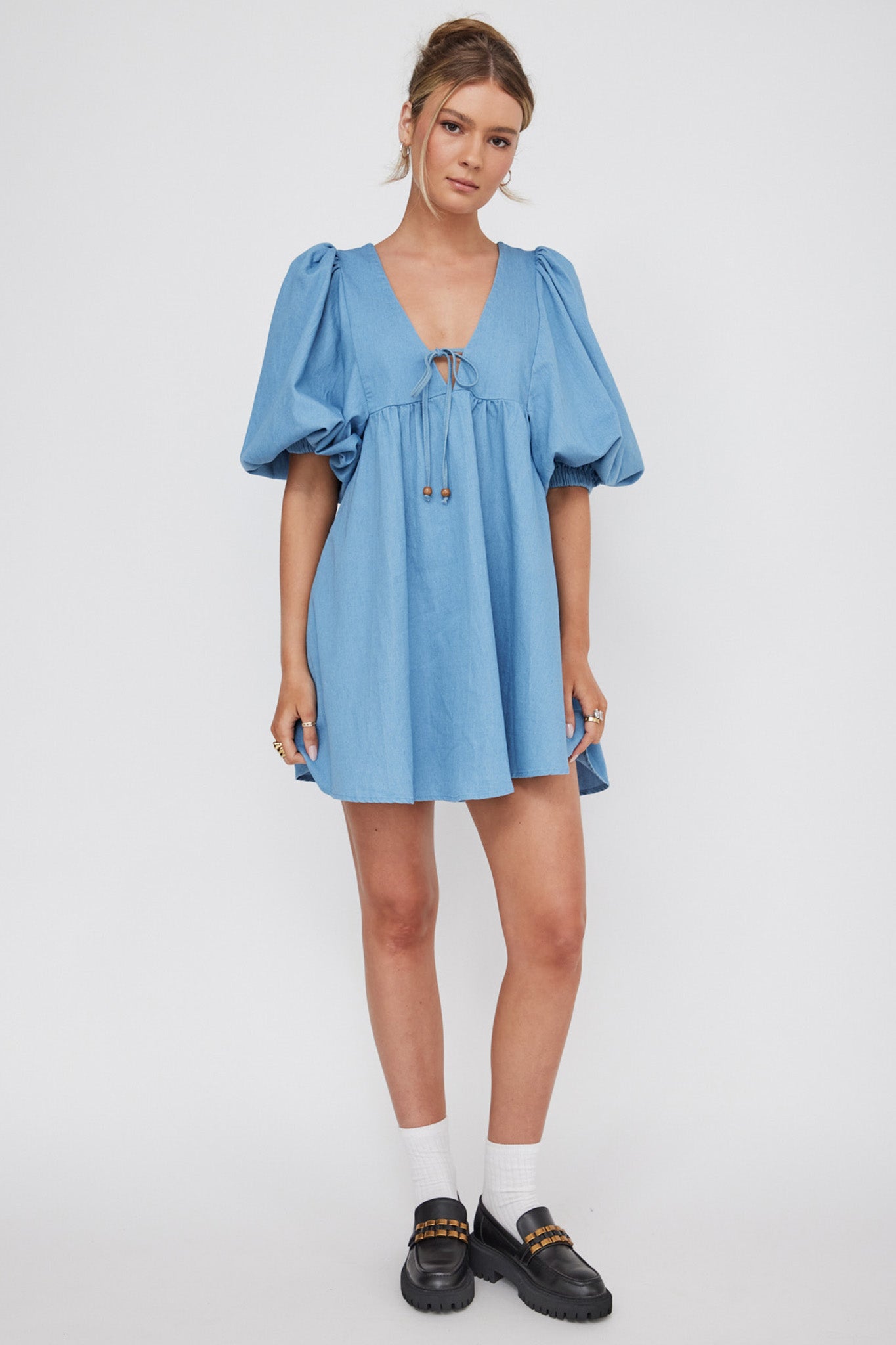 New Haven Puff Sleeve Swing Dress Denim-Maymioy