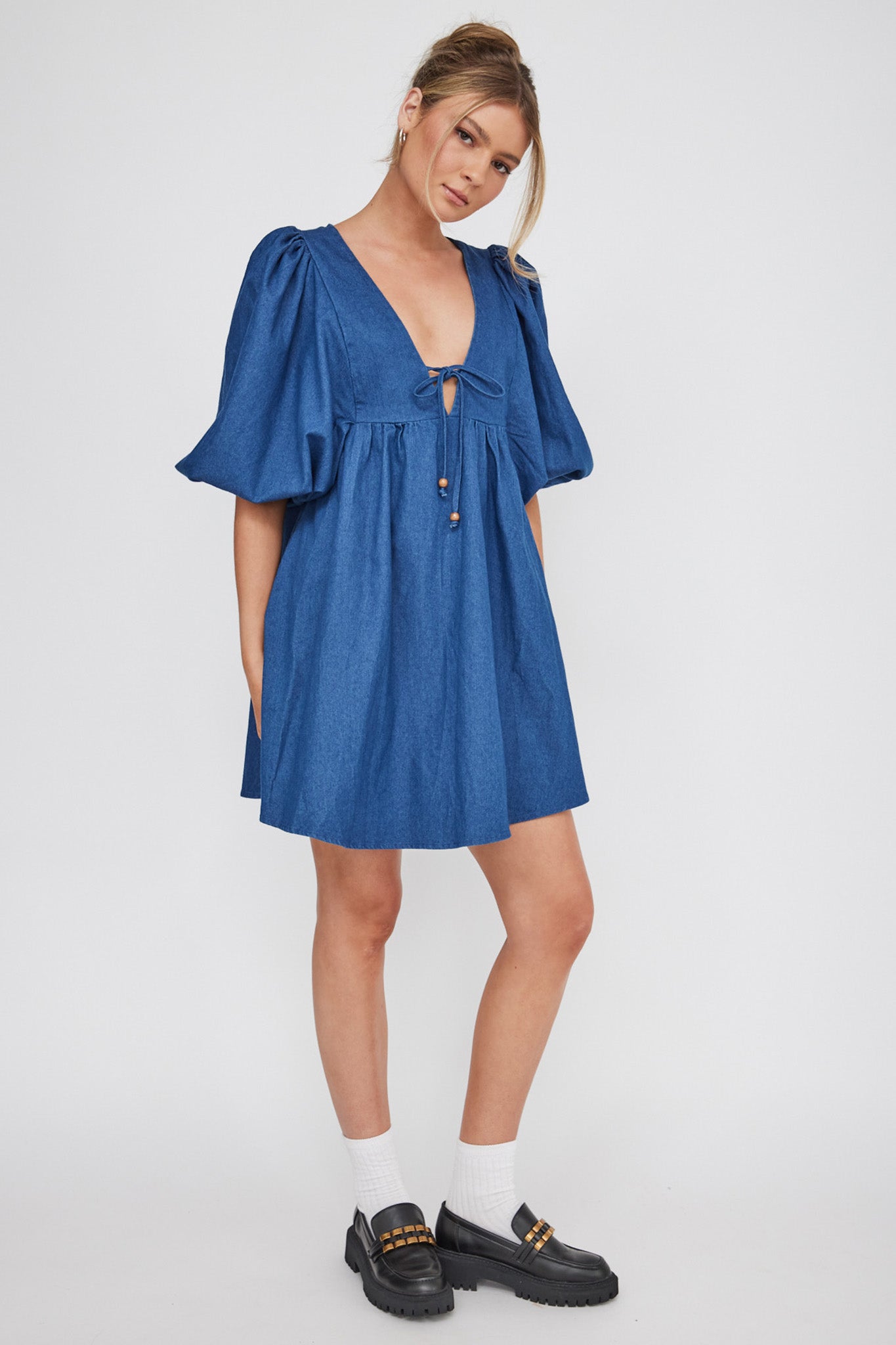 New Haven Puff Sleeve Swing Dress Indigo-Maymioy
